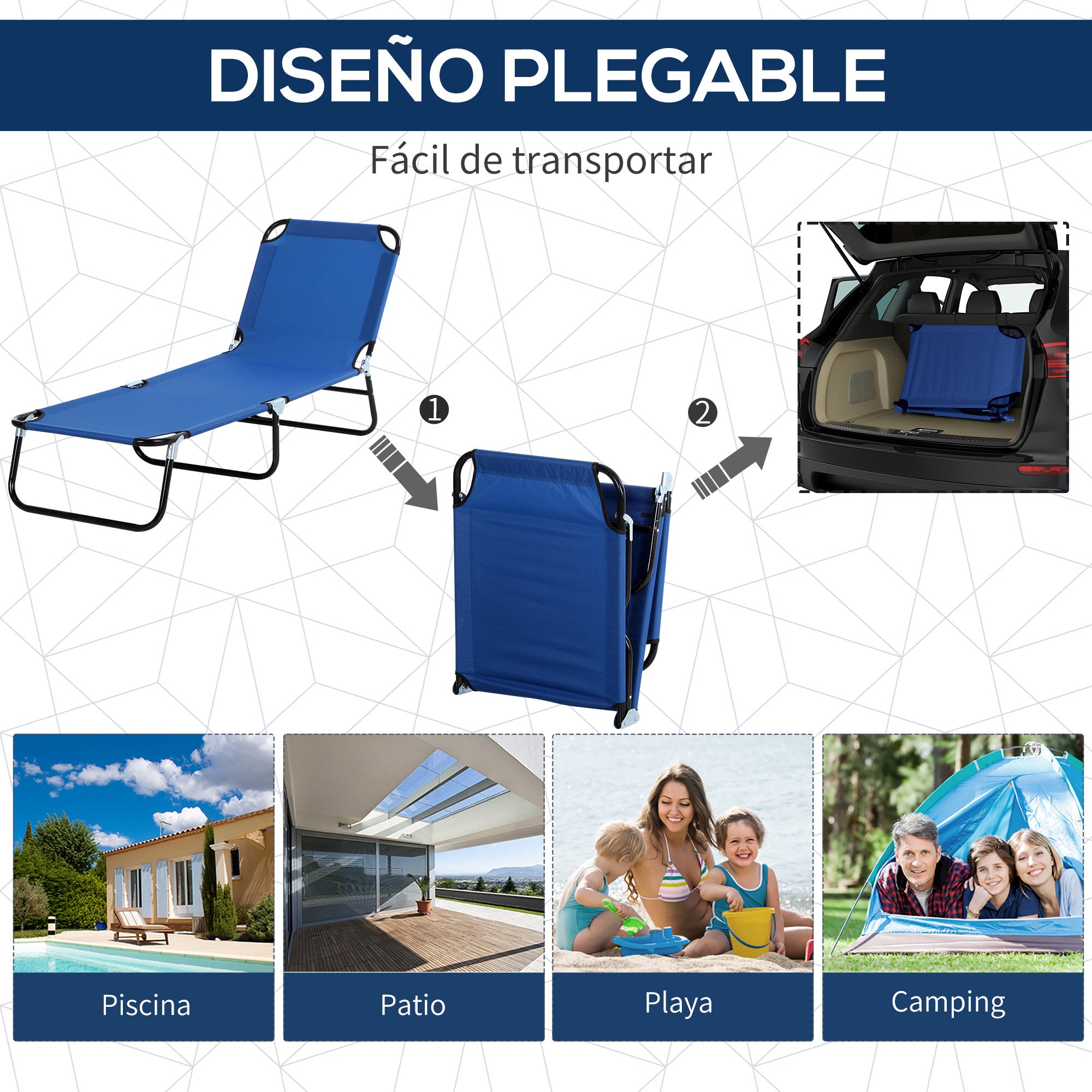 Outsunny Tumbona Plegable Tumbona de Jardín Exterior Reclinable con Toldo Desmontable con Ángulo Regulable Respaldo Ajustable en 4 Niveles para Terraza Piscina Patio 187x58x36 cm Azul
