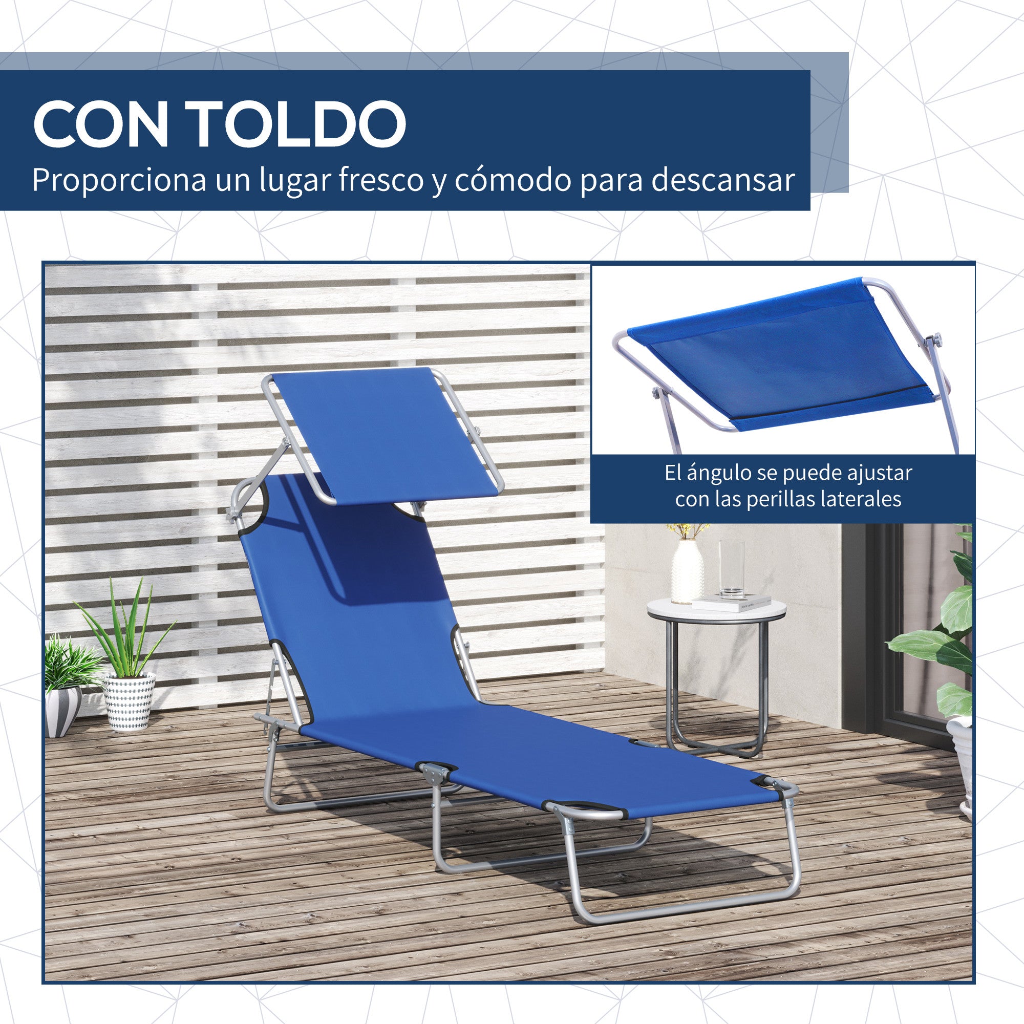 Outsunny Tumbona Plegable Tumbona de Jardín Exterior Reclinable con Toldo Desmontable con Ángulo Regulable Respaldo Ajustable en 4 Niveles para Terraza Piscina Patio 187x58x36 cm Azul