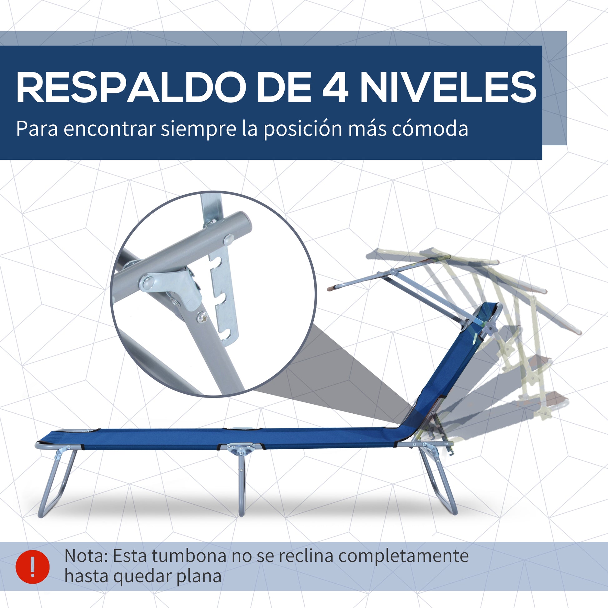 Outsunny Tumbona Plegable Tumbona de Jardín Exterior Reclinable con Toldo Desmontable con Ángulo Regulable Respaldo Ajustable en 4 Niveles para Terraza Piscina Patio 187x58x36 cm Azul