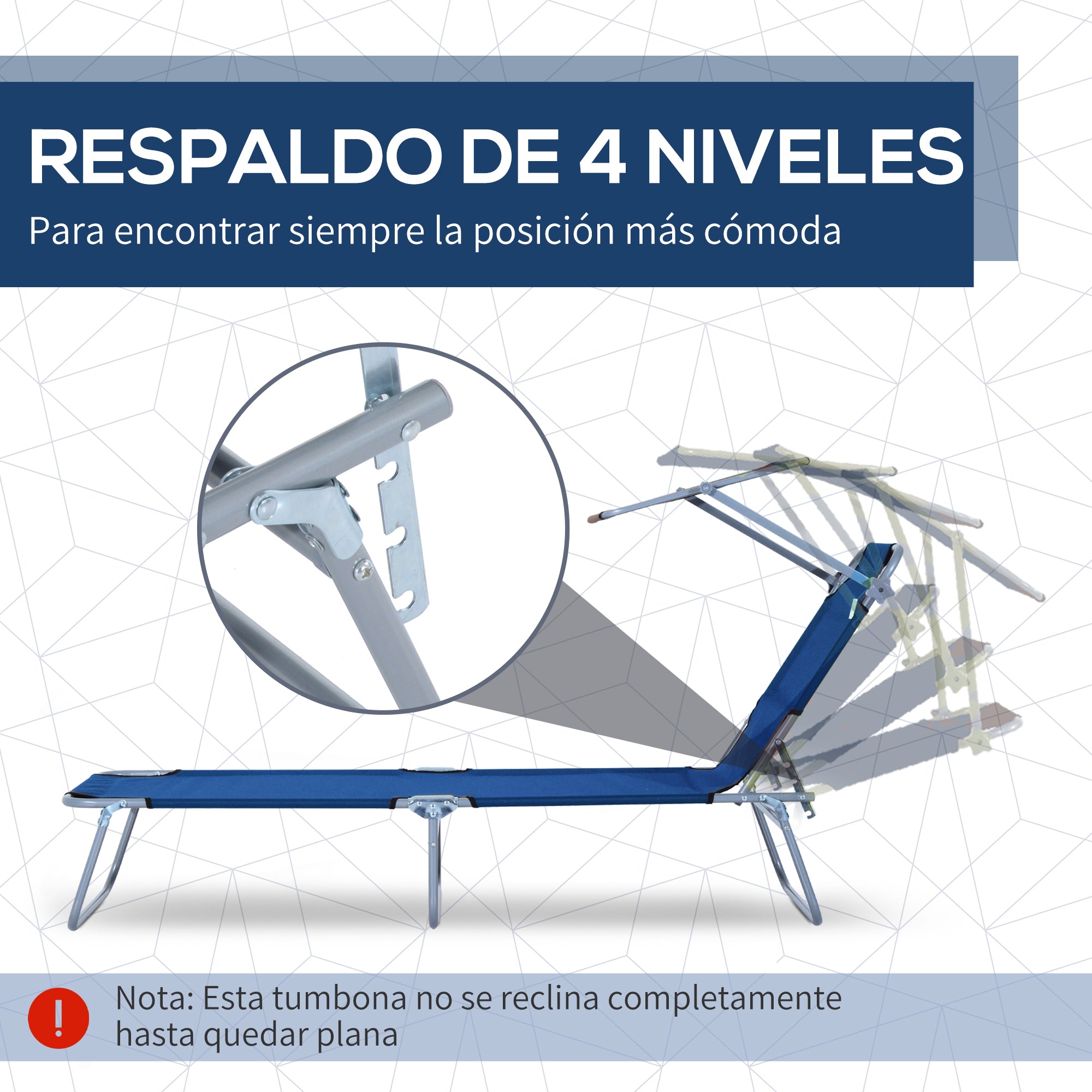 Outsunny Tumbona Plegable Tumbona de Jardín Exterior Reclinable con Toldo Desmontable con Ángulo Regulable Respaldo Ajustable en 4 Niveles para Terraza Piscina Patio 187x58x36 cm Azul