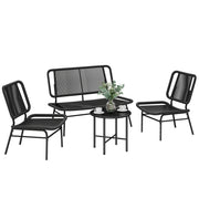Outsunny Conjunto de Jardín Exterior de Ratán, Conjunto Terraza Resistente a la Intemperie, Muebles Jardín Exterior 4 Piezas Incluye Sofá de 2 Plazas, 2 Sillas, Mesa de Centro con Tapa Metálica, Negro