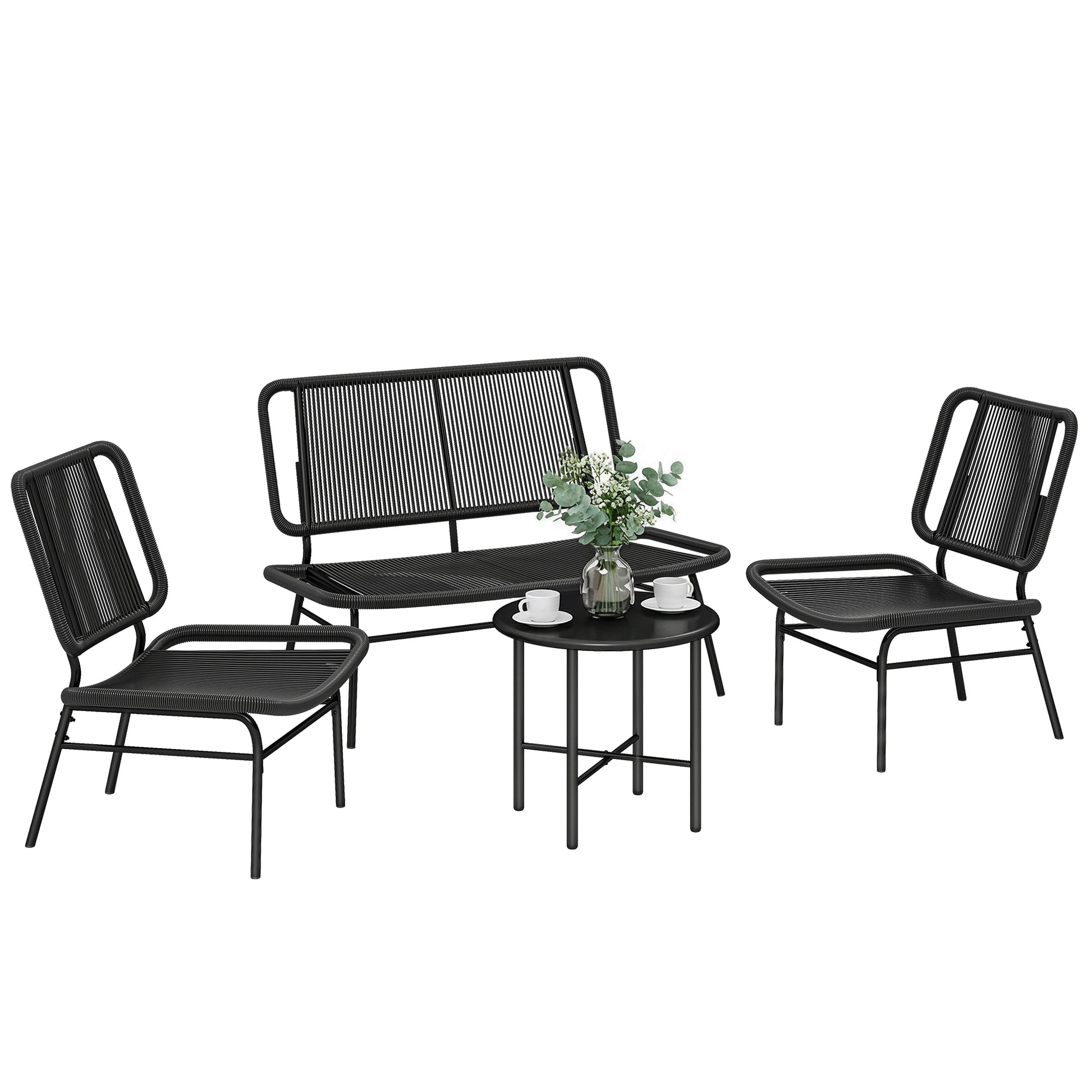 Outsunny Conjunto de Jardín Exterior de Ratán, Conjunto Terraza Resistente a la Intemperie, Muebles Jardín Exterior 4 Piezas Incluye Sofá de 2 Plazas, 2 Sillas, Mesa de Centro con Tapa Metálica, Negro