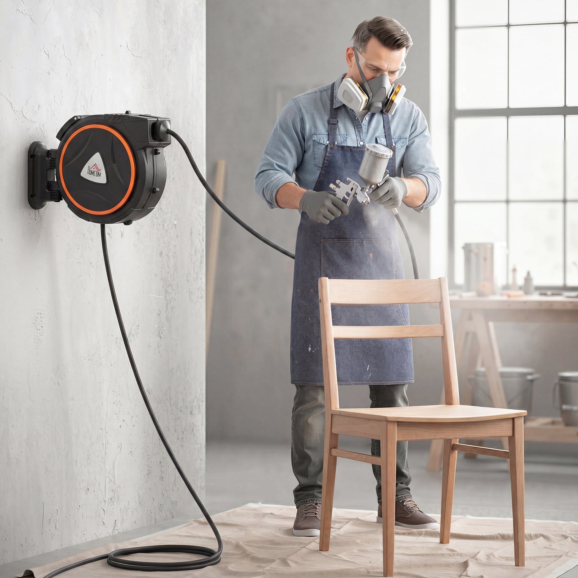 HOMCOM Carrete de Manguera de Aire Comprimido Automático de 20 m+2 m, Conector de 1/4'' BSP, Manguera Compresor Aire con Soporte para Pared Giratorio 180°, Negro