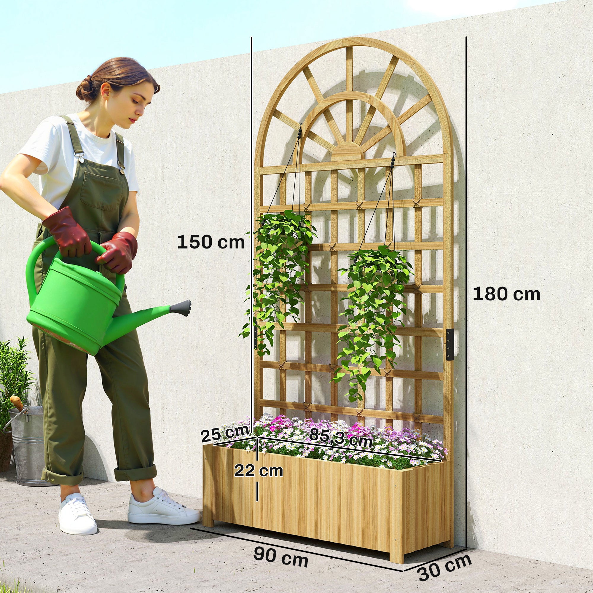 Outsunny Jardinera con Enrejado de Madera, Jardinera Exterior Grande para Plantas Trepadoras, con Ofricios de Drenaje, Macetero Elevado para Jardín, Patio, Terraza, 90x30x180 cm, Natural