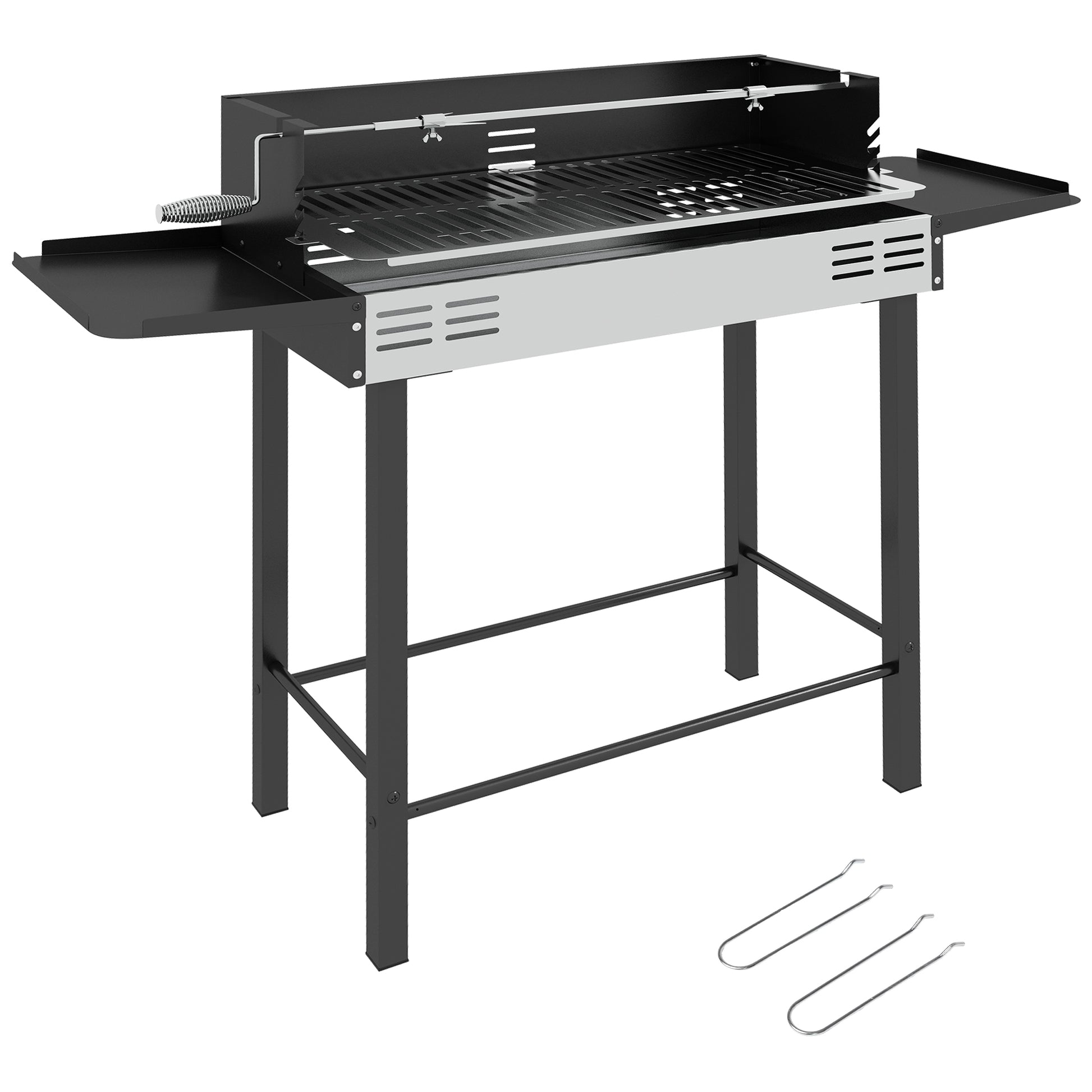 Outsunny Barbacoa de Carbón Barbacoa Portátil 118x32x90 cm con Pincho Giratorio Ajustable en Altura de 3 Niveles Parrilla Plegables y Paravientos para Pícnic Camping Negro