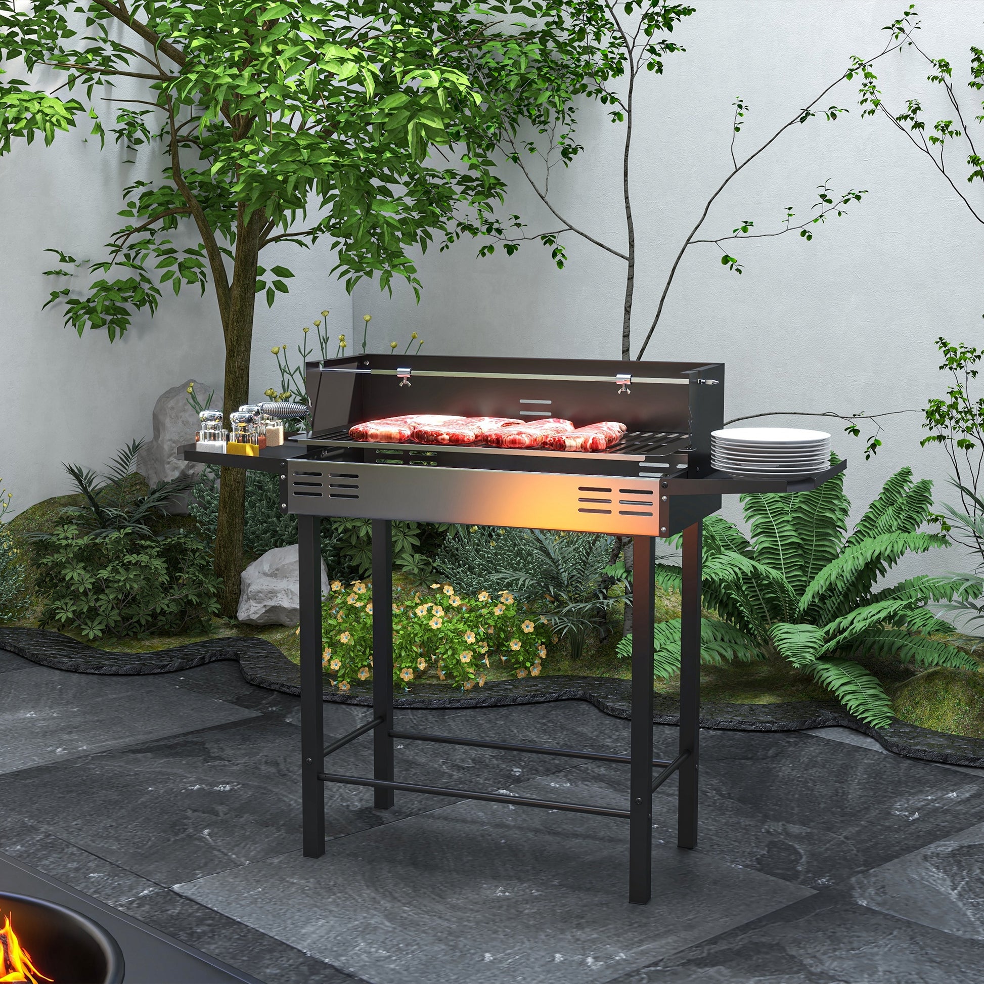 Outsunny Barbacoa de Carbón Barbacoa Portátil 118x32x90 cm con Pincho Giratorio Ajustable en Altura de 3 Niveles Parrilla Plegables y Paravientos para Pícnic Camping Negro