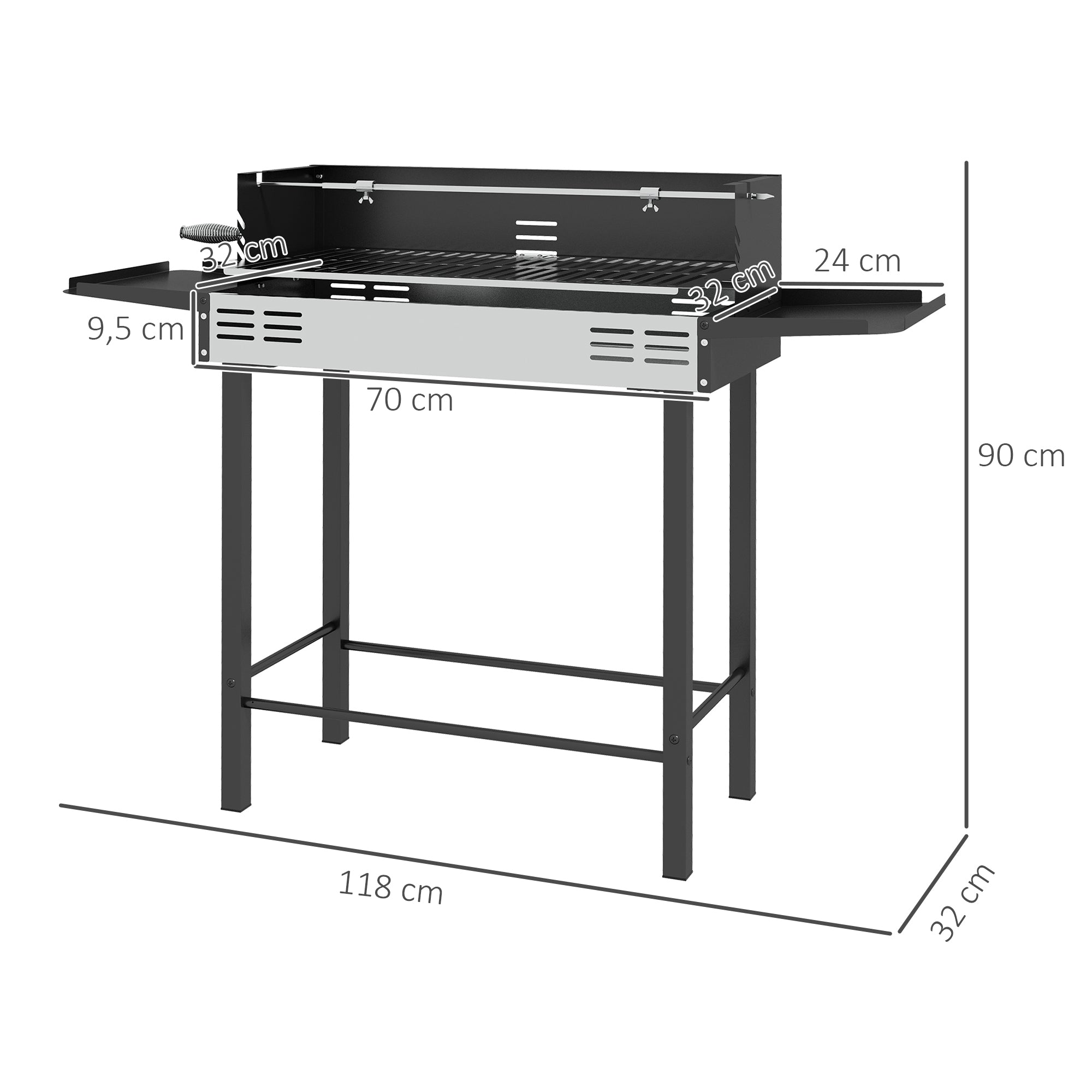 Outsunny Barbacoa de Carbón Barbacoa Portátil 118x32x90 cm con Pincho Giratorio Ajustable en Altura de 3 Niveles Parrilla Plegables y Paravientos para Pícnic Camping Negro