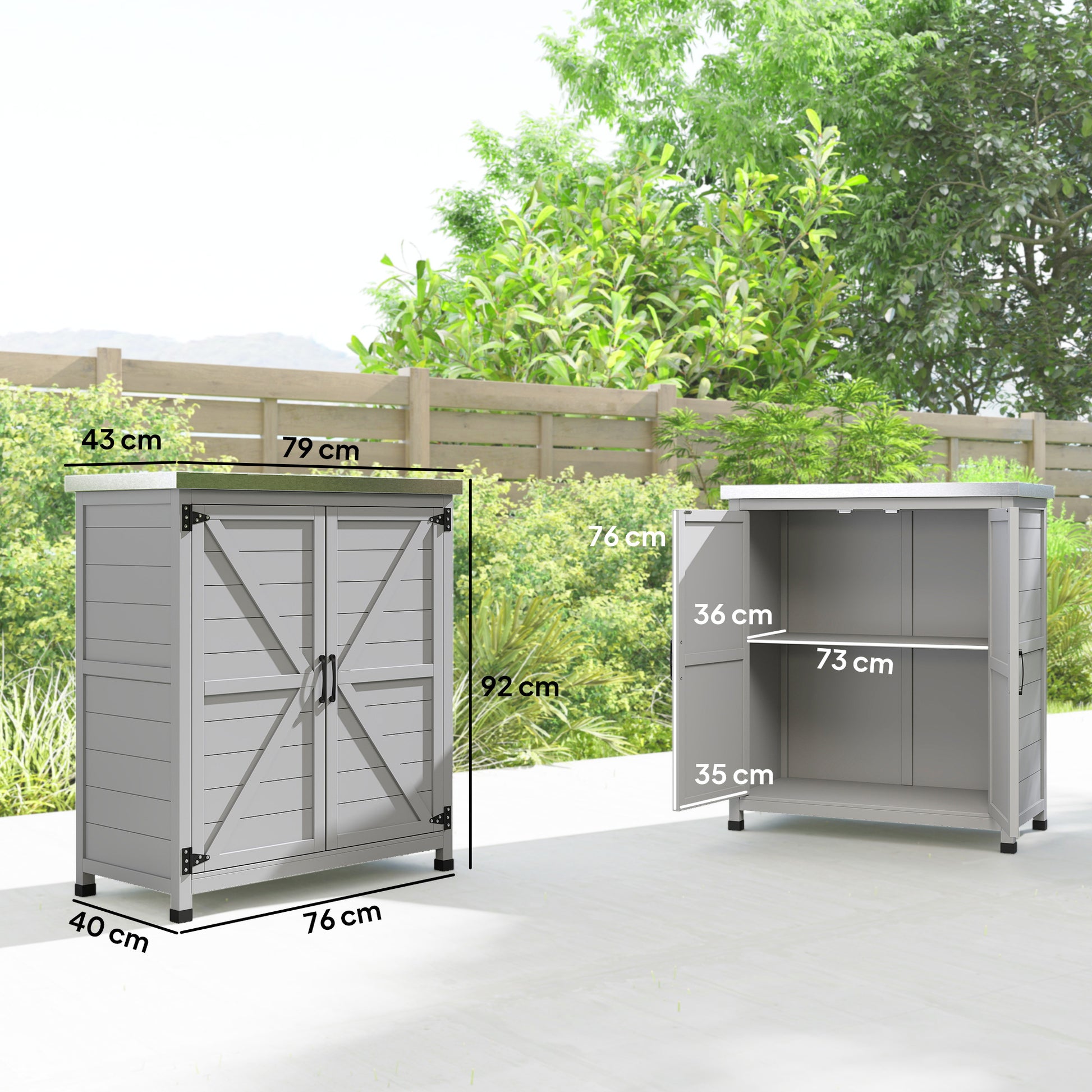Outsunny Armario de Exterior de Madera, Caseta de Jardín Exterior con Techo de Acero Galvanizado, Estante, 2 Puertas, Cobertizo de Jardín para Almacenamiento de Herramientas, 79x43x92 cm, Gris