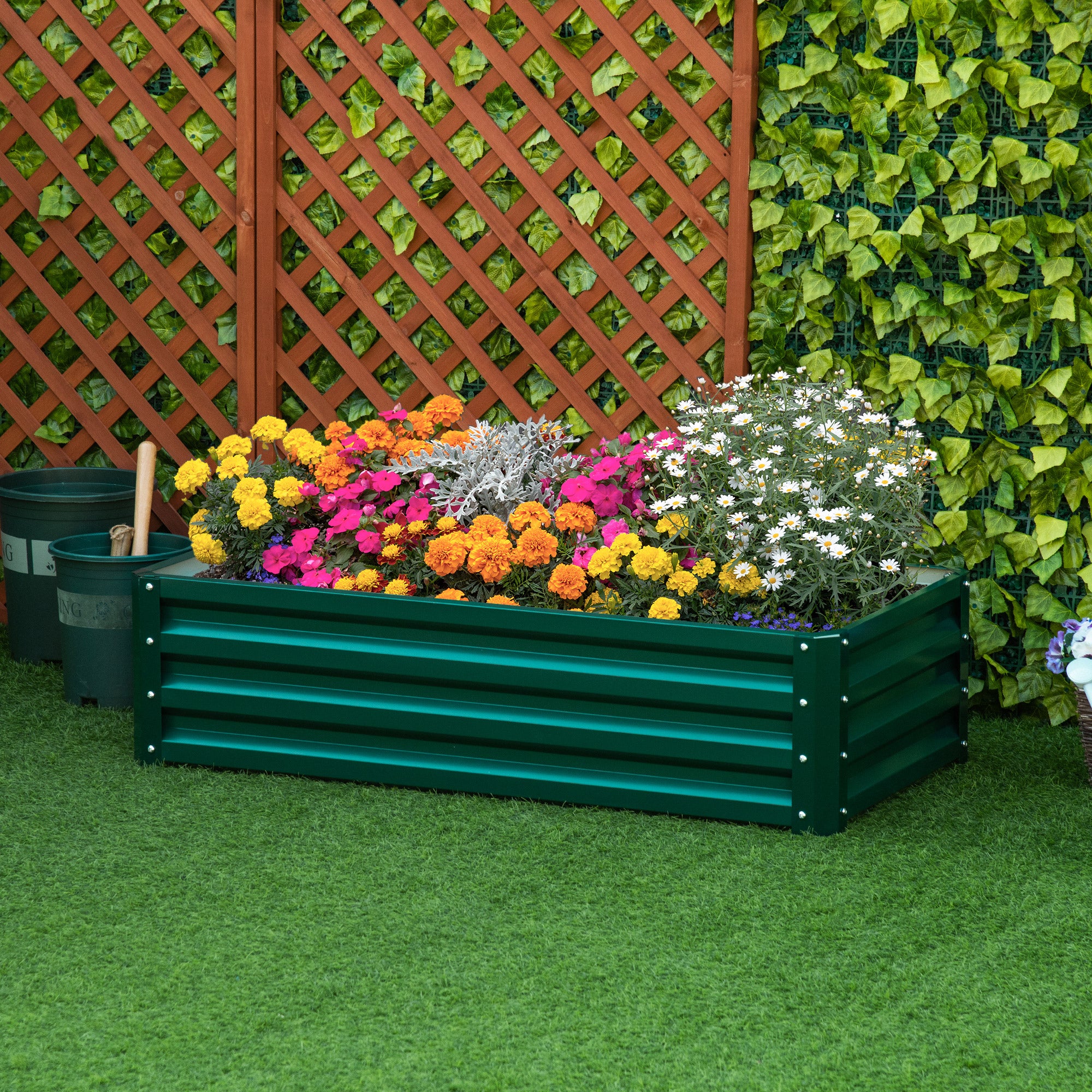 Outsunny Jardinera Elevada de Acero Galvanizado Huerto Urbano para Cultivar Plantas Flores Hierba Macetero Exterior Rectangular con Fondo Abierto 120x60x30,5 cm Verde
