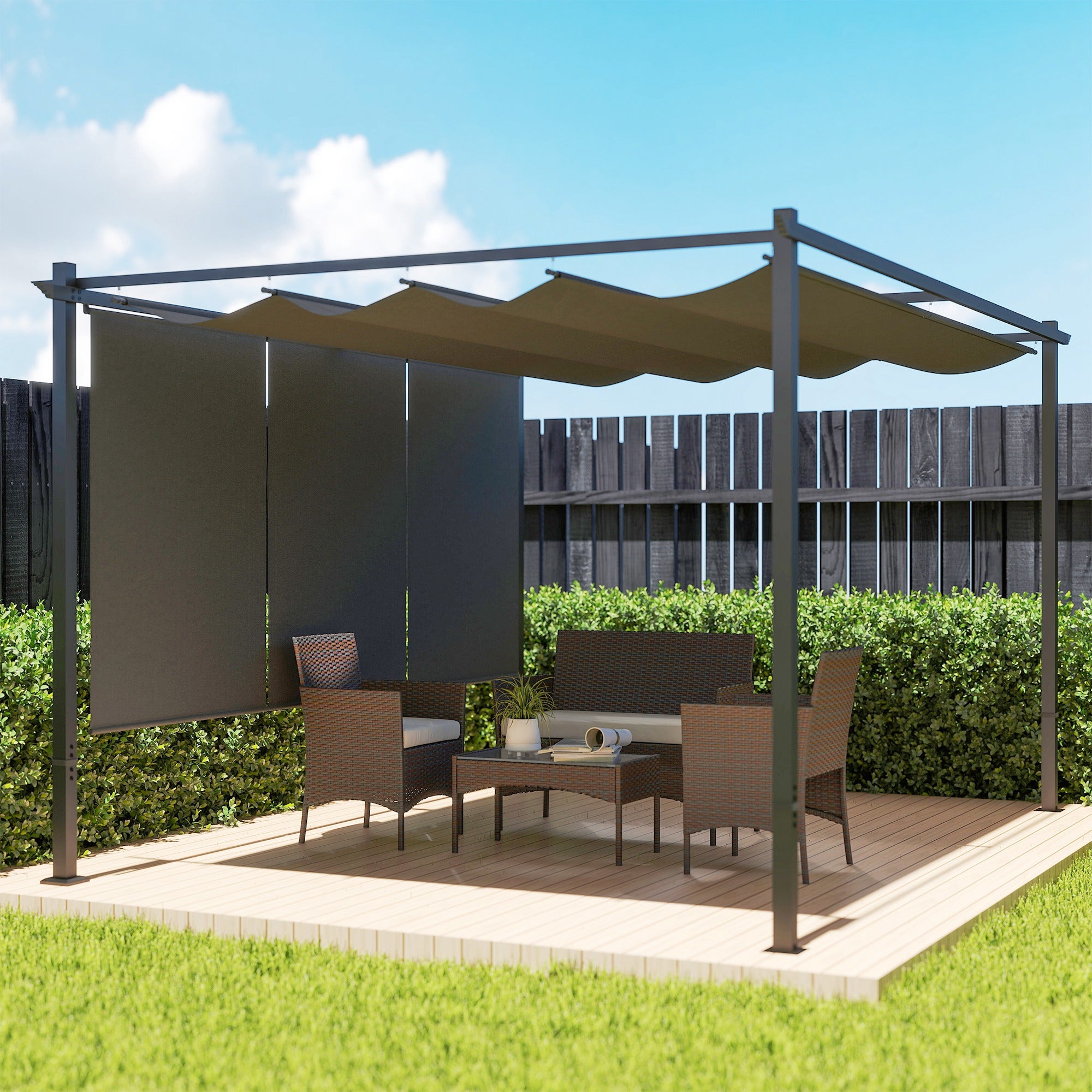 Outsunny Pérgola de Jardín 4x3 m con Techo Retráctil y 3 Laterales Enrollables, Cenador de Jardín Montado en Pared o Independiente, con UPF30+, Estructura Metálica, Pabellón para Exterior, Gris