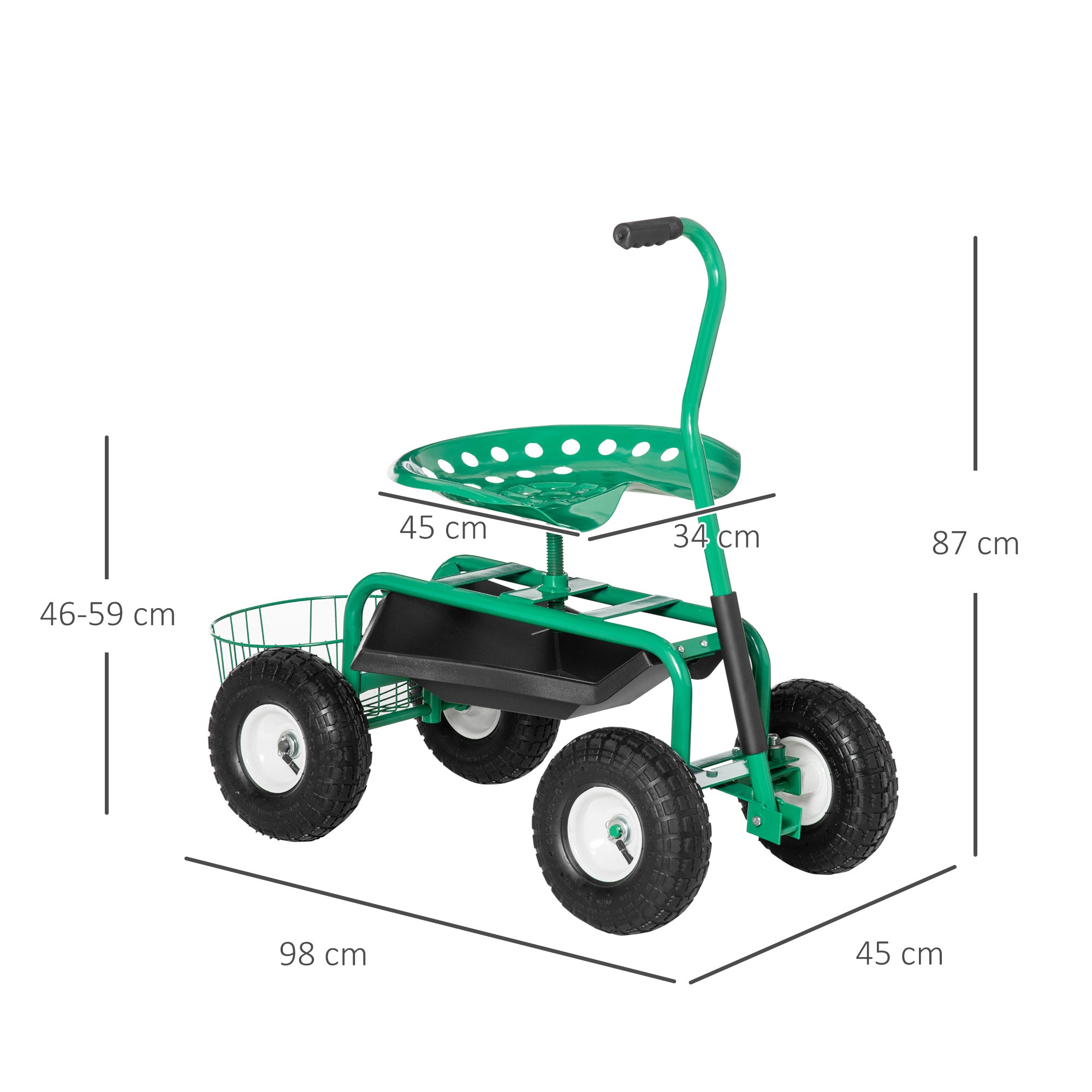 Outsunny Asiento de Jardín con Ruedas, Taburete de Jardinería con Asiento Giratorio y Ajustable en Altura, Ruedas Neumáticas, Bandeja de Herramientas y Cesta, Carga 150 kg para Patio, Exterior, Verde
