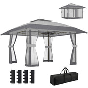 Outsunny Carpa Plegable 4x4 m, Pop-up, con Doble Techo, 4 Paredes Laterales de Malla, Cenador de Jardín con Altura Ajustable 3 Niveles, Bolsa de Transporte, UPF30+, Gazebo para Camping, Fiestas, Gris