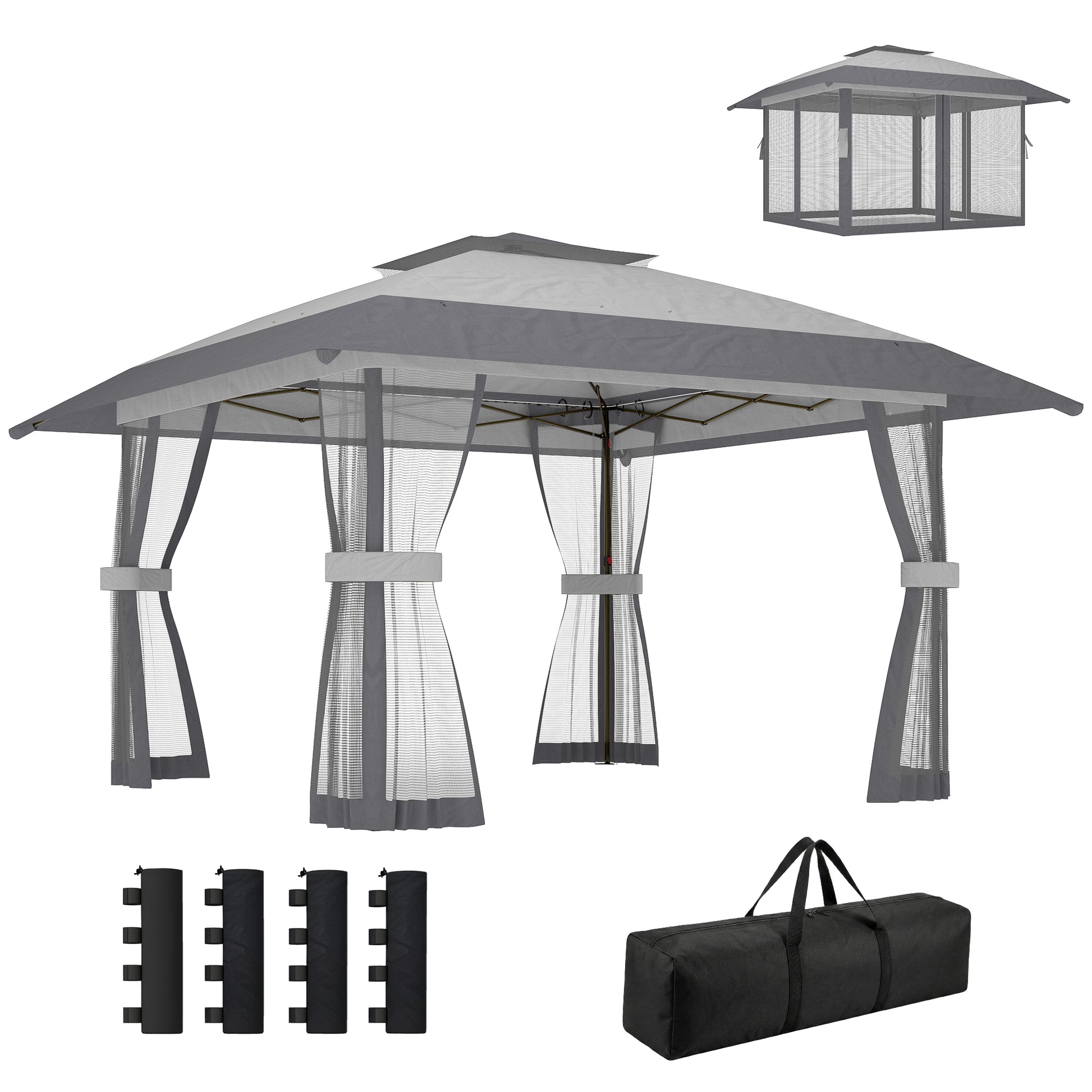 Outsunny Carpa Plegable 4x4 m, Pop-up, con Doble Techo, 4 Paredes Laterales de Malla, Cenador de Jardín con Altura Ajustable 3 Niveles, Bolsa de Transporte, UPF30+, Gazebo para Camping, Fiestas, Gris