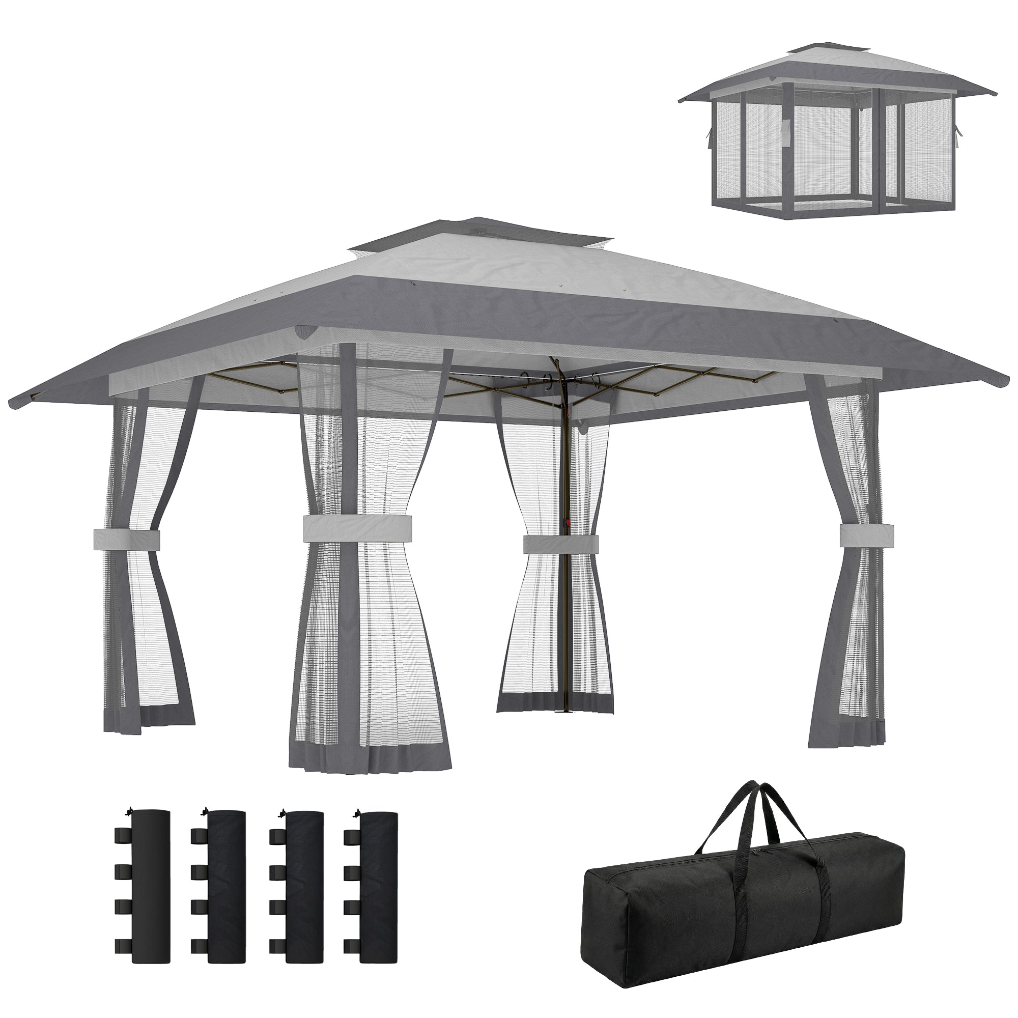 Outsunny Carpa Plegable 4x4 m, Pop-up, con Doble Techo, 4 Paredes Laterales de Malla, Cenador de Jardín con Altura Ajustable 3 Niveles, Bolsa de Transporte, UPF30+, Gazebo para Camping, Fiestas, Gris