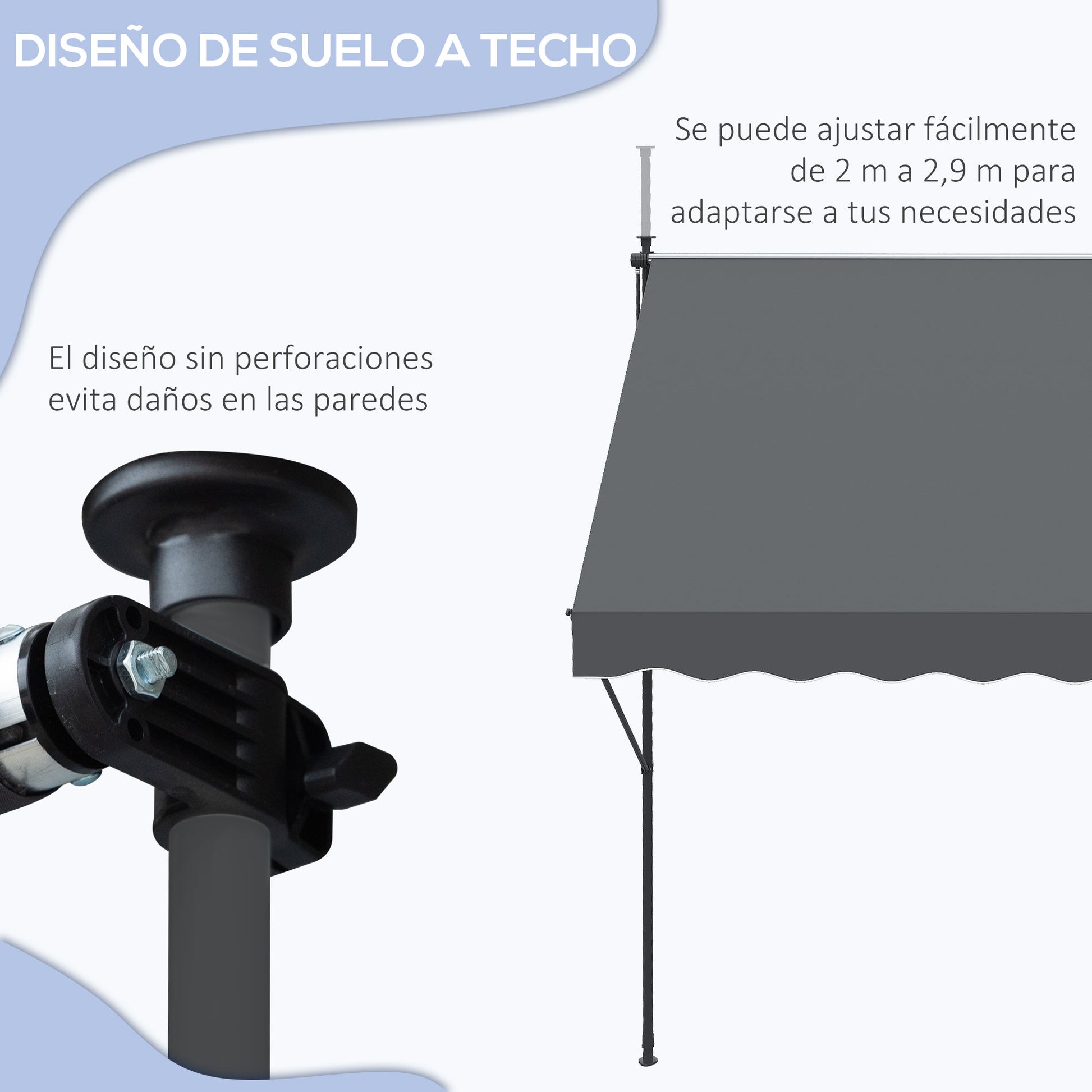 Outsunny Toldo Manual Retráctil 200x1,75 m Toldo Exterior Terraza Enrollable Altura Ajustable con Manivela 210-310 cm Sin Taladro para Balcón Jardín Gris