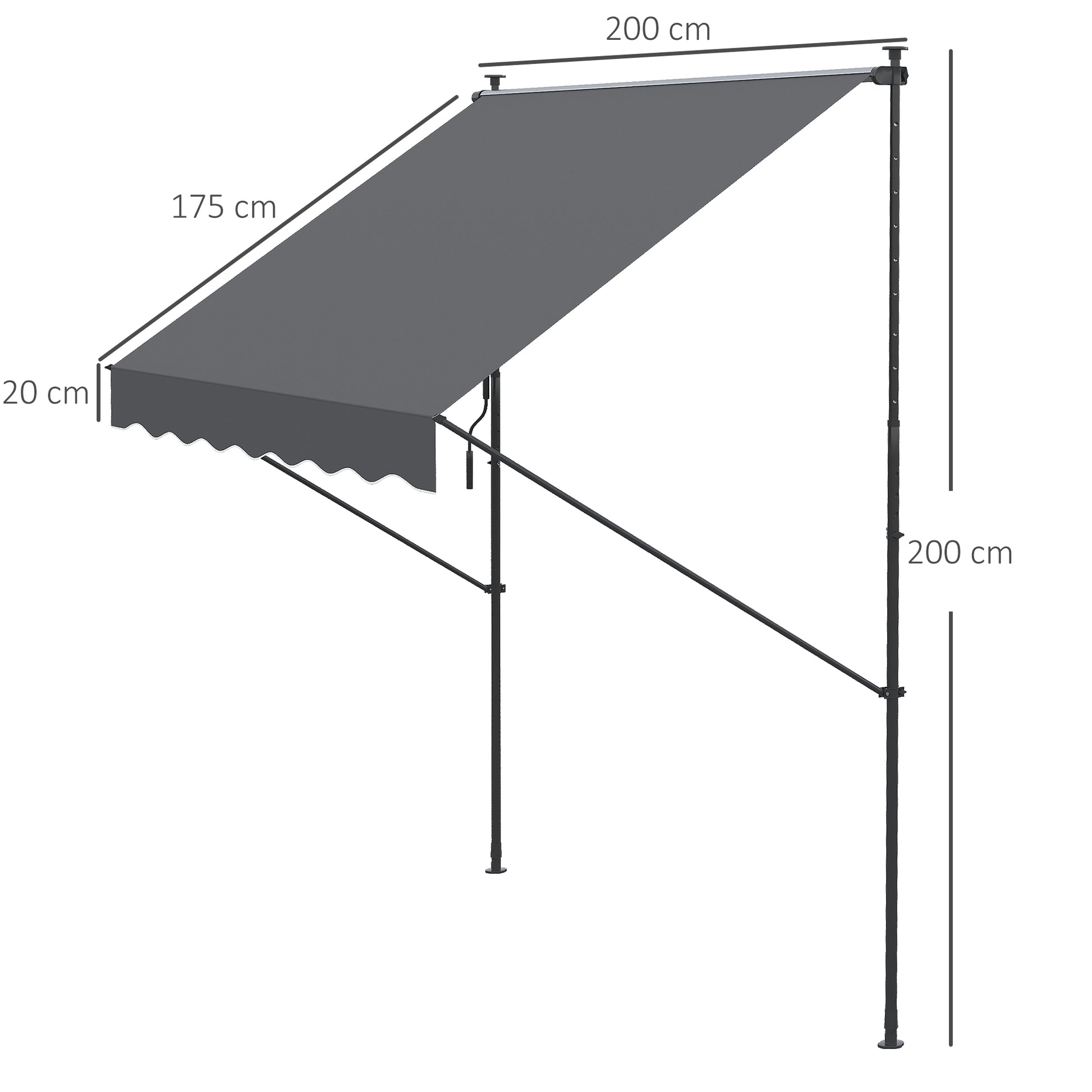 Outsunny Toldo Manual Retráctil 200x1,75 m Toldo Exterior Terraza Enrollable Altura Ajustable con Manivela 210-310 cm Sin Taladro para Balcón Jardín Gris