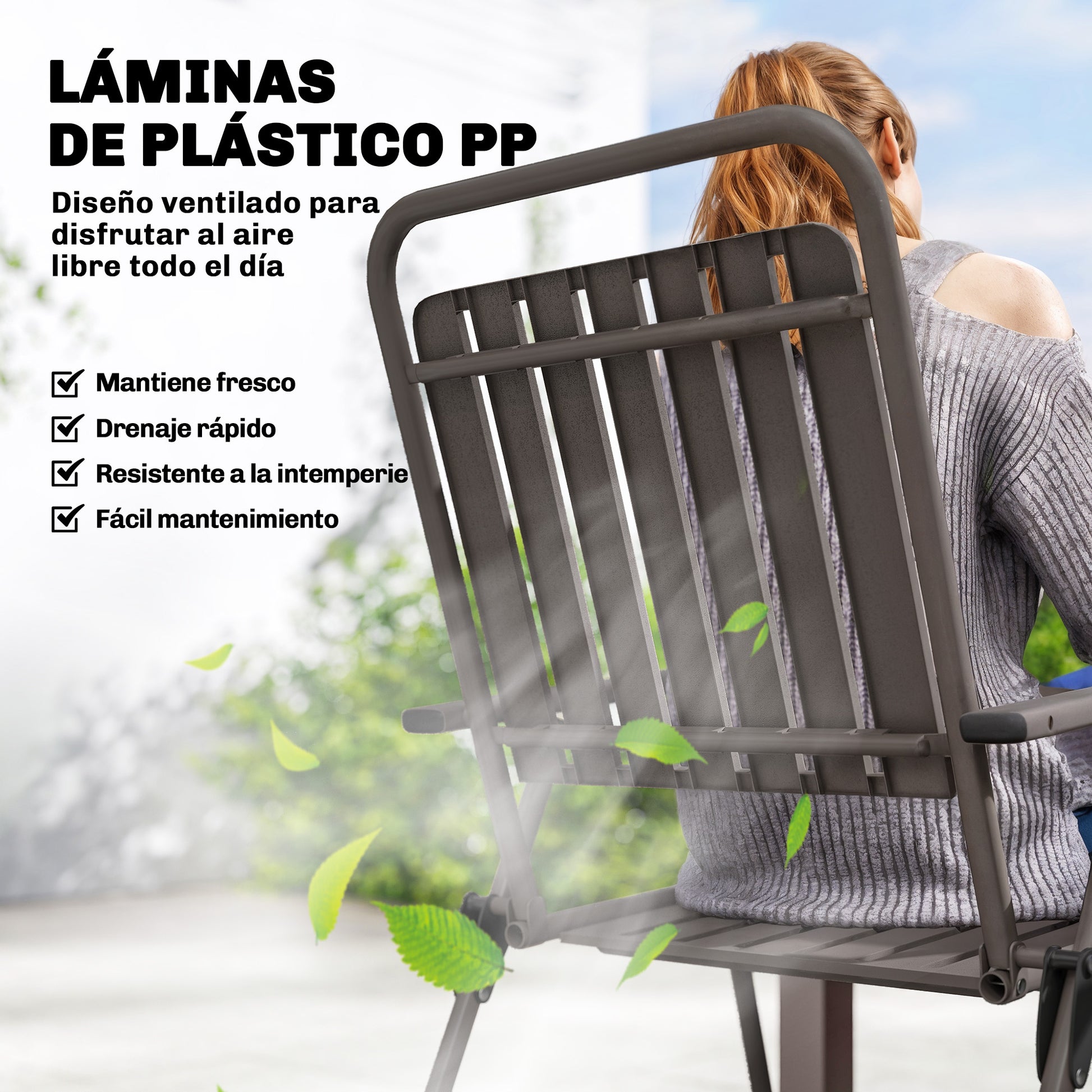 Outsunny Juego de 4 Sillas de Jardín Exterior Plegables, Sillas Terraza Exterior con Reposabrazos, Respaldo y Asiento de PP, Marco Metálico, 55x63x93 cm, Marrón