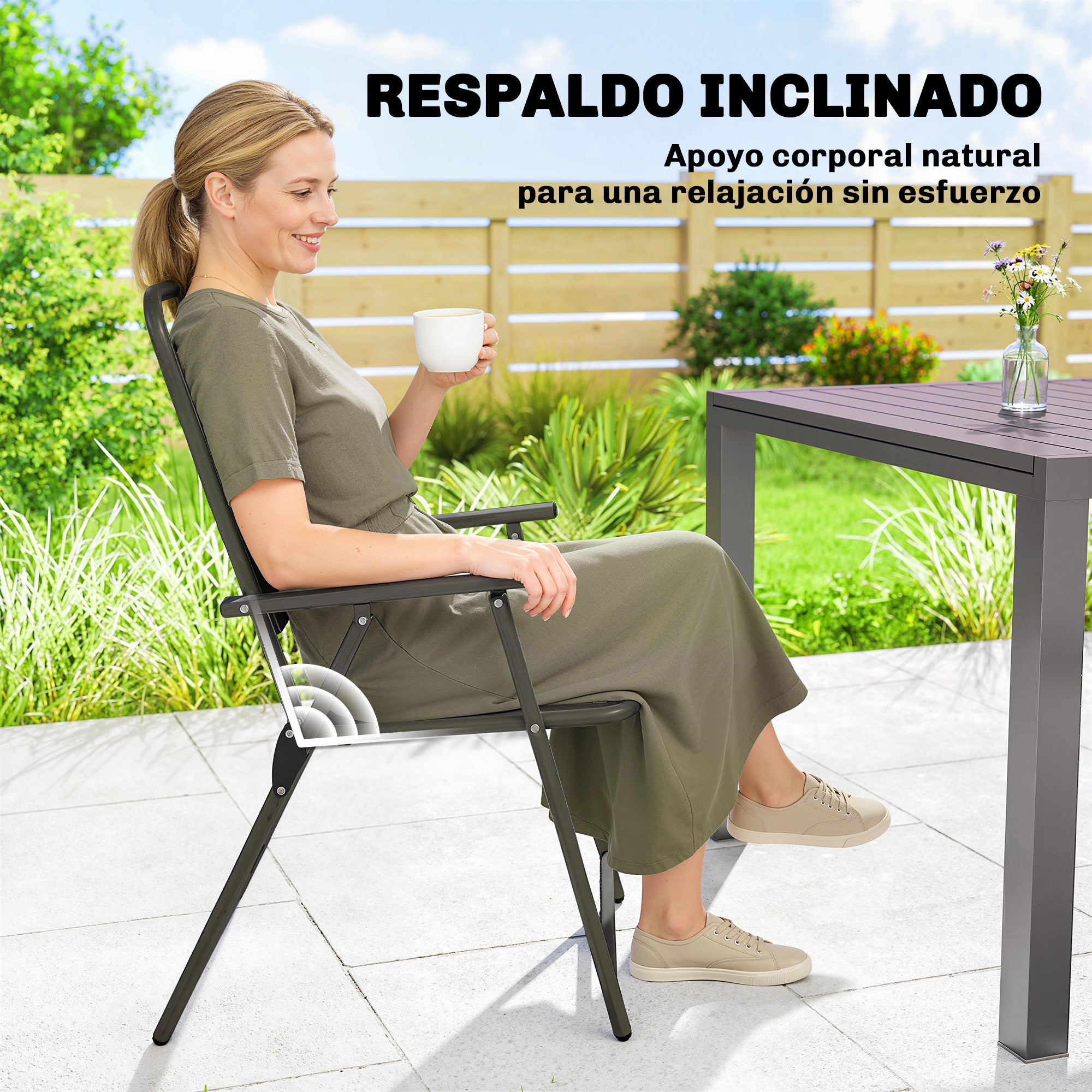 Outsunny Juego de 4 Sillas de Jardín Exterior Plegables, Sillas Terraza Exterior con Reposabrazos, Respaldo y Asiento de PP, Marco Metálico, 55x63x93 cm, Marrón