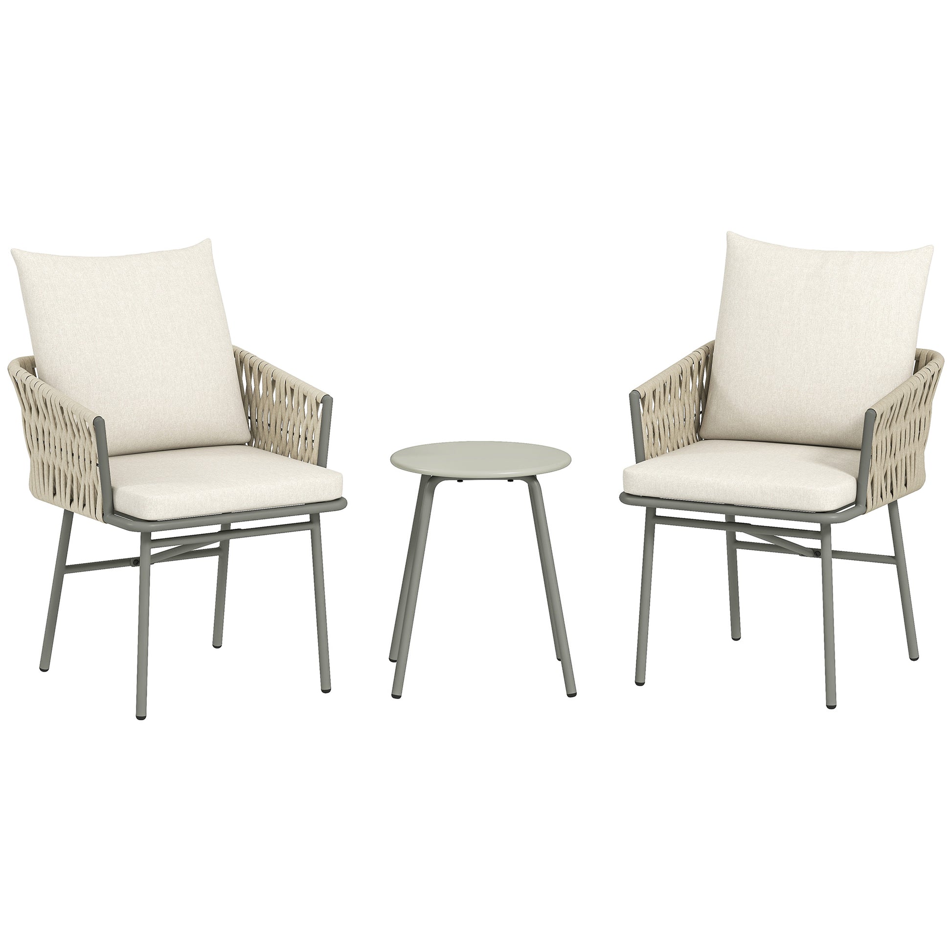 Outsunny Conjunto de Jardín Exterior de 3 Piezas Muebles de Jardín con 2 Sillas con Cojines Extraíbles Lavables y Mesa Terraza con Tablero de Metal Impermeable Anti-UV para Balcón Patio Gris y Crema