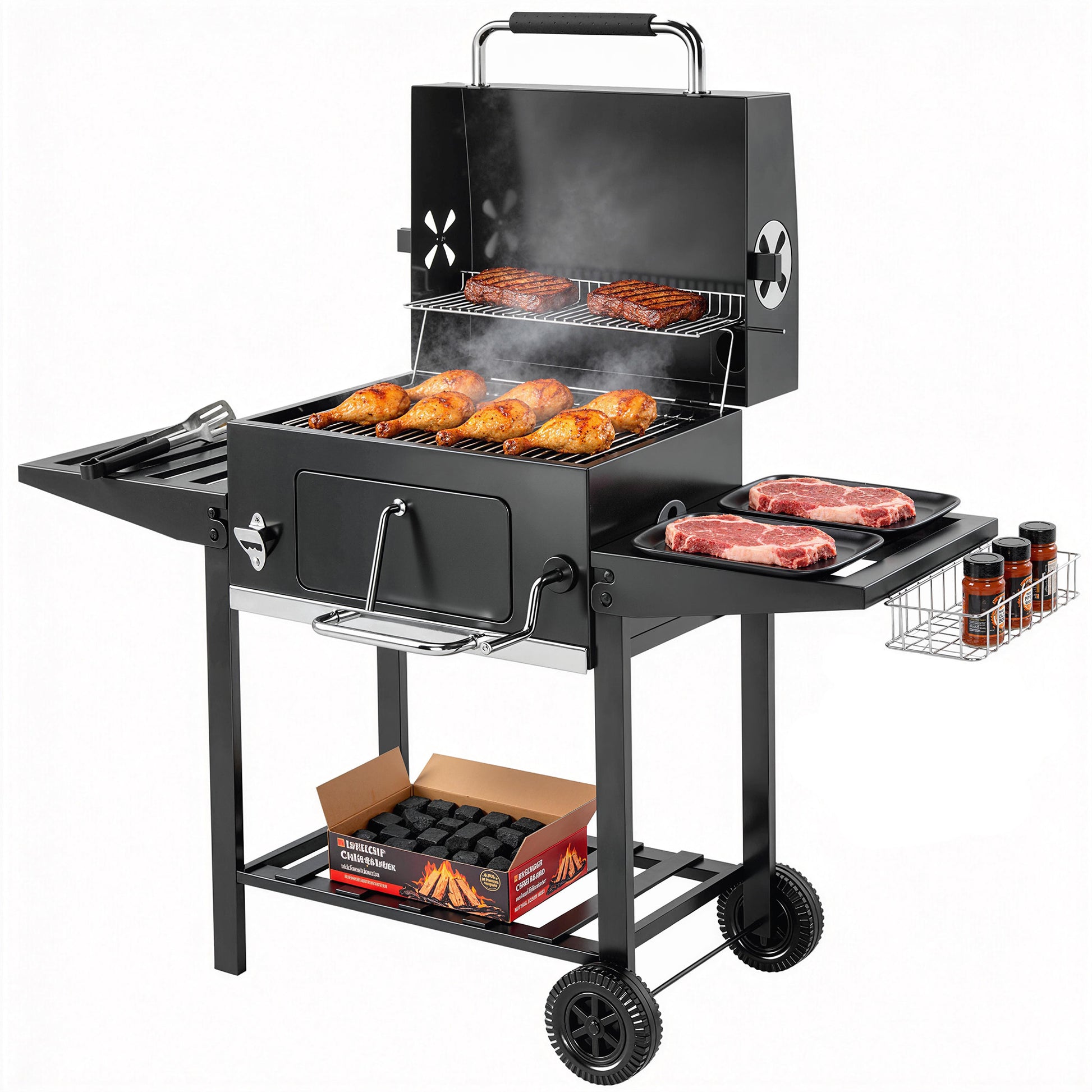 Outsunny Barbacoa de Carbón Portátil, Barbacoa de Carbón Móvil con Bandeja Ajustable, Estantes Plegables, Termómetro, Tapa, Chimenea, Ventilaciones, Cajón de Cenizas, Ruedas, Cesta Lateral, Asa, Negro