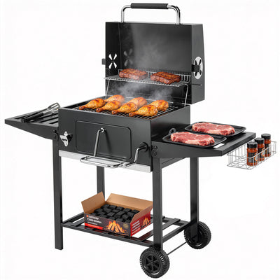 Outsunny Barbacoa de Carbón Portátil, Barbacoa de Carbón Móvil con Bandeja Ajustable, Estantes Plegables, Termómetro, Tapa, Chimenea, Ventilaciones, Cajón de Cenizas, Ruedas, Cesta Lateral, Asa, Negro