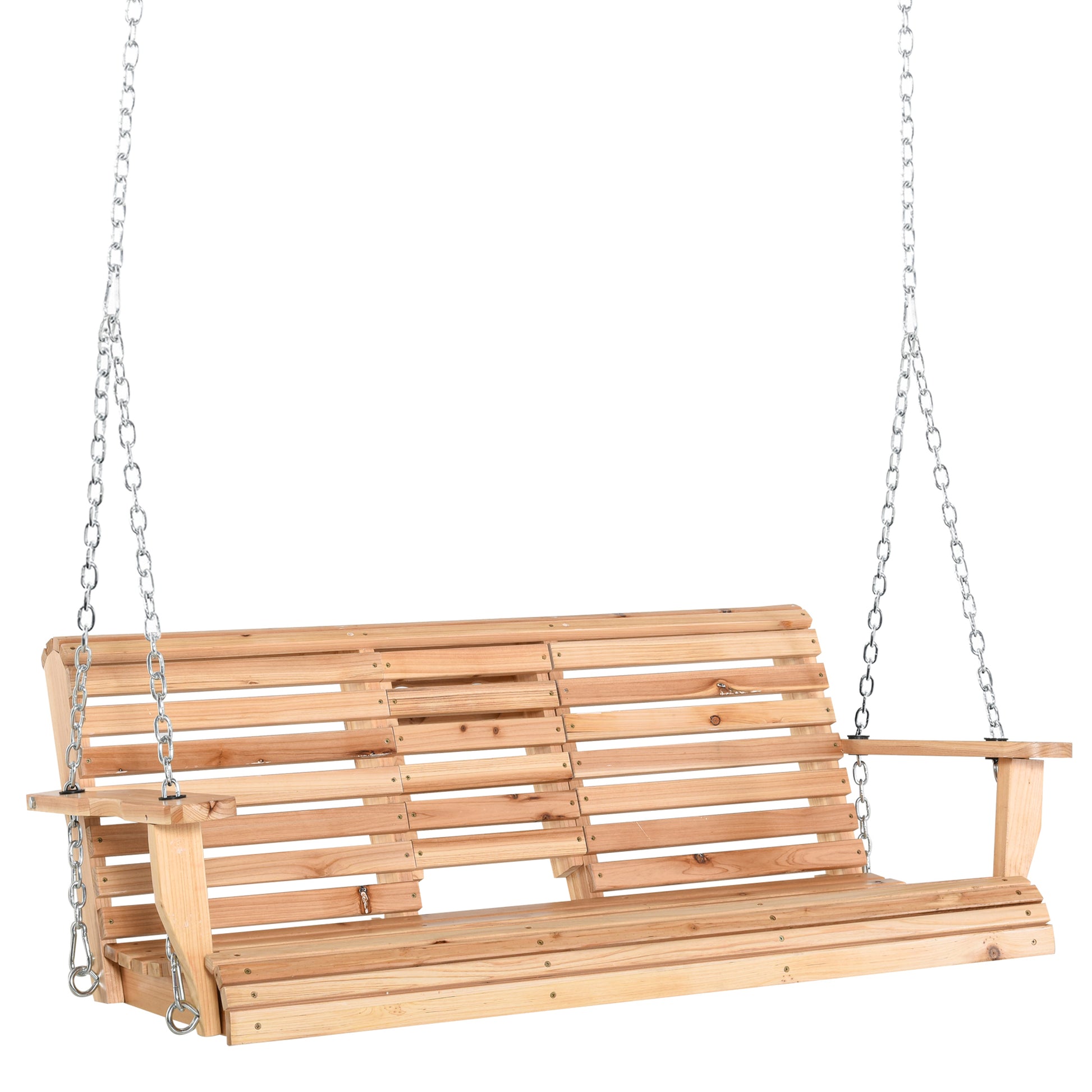 Outsunny Banco Columpio de 2-3 Plazas Banco Colgante de Madera con Mesa de Centro Plegable 2 Portavasos y Reposabrazos Carga 200 kg para Jardín Terraza Balcón 150x75x53 cm Natural
