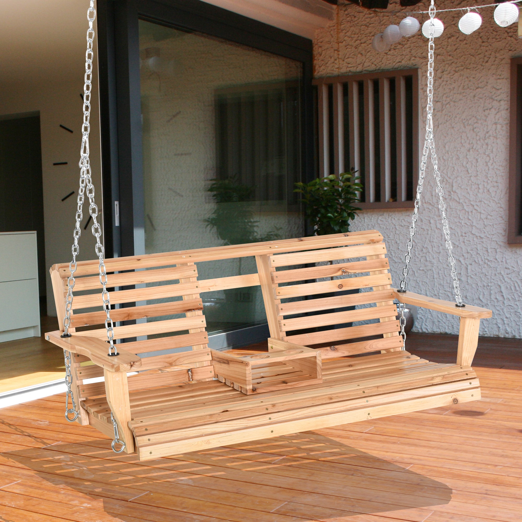 Outsunny Banco Columpio de 2-3 Plazas Banco Colgante de Madera con Mesa de Centro Plegable 2 Portavasos y Reposabrazos Carga 200 kg para Jardín Terraza Balcón 150x75x53 cm Natural
