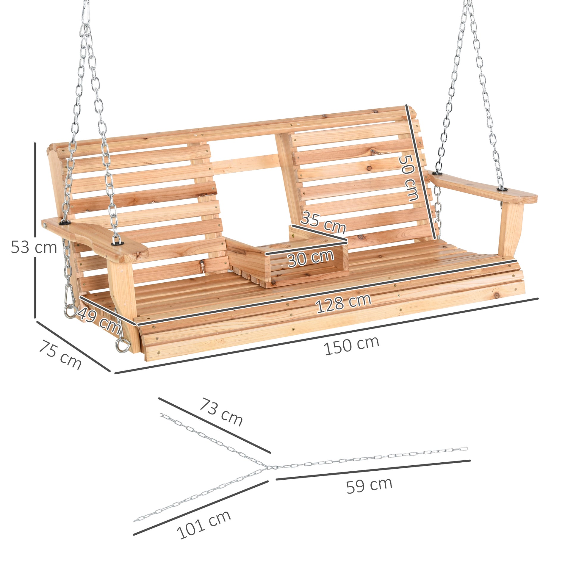 Outsunny Banco Columpio de 2-3 Plazas Banco Colgante de Madera con Mesa de Centro Plegable 2 Portavasos y Reposabrazos Carga 200 kg para Jardín Terraza Balcón 150x75x53 cm Natural