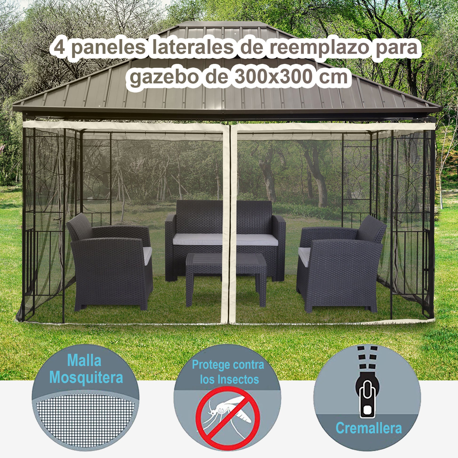 Outsunny 4 Paneles Laterales 3x2 cm para Carpa de Jardín Tela Mosquitera para Cenador Gazebo con Cremalleras y Anillas Negro