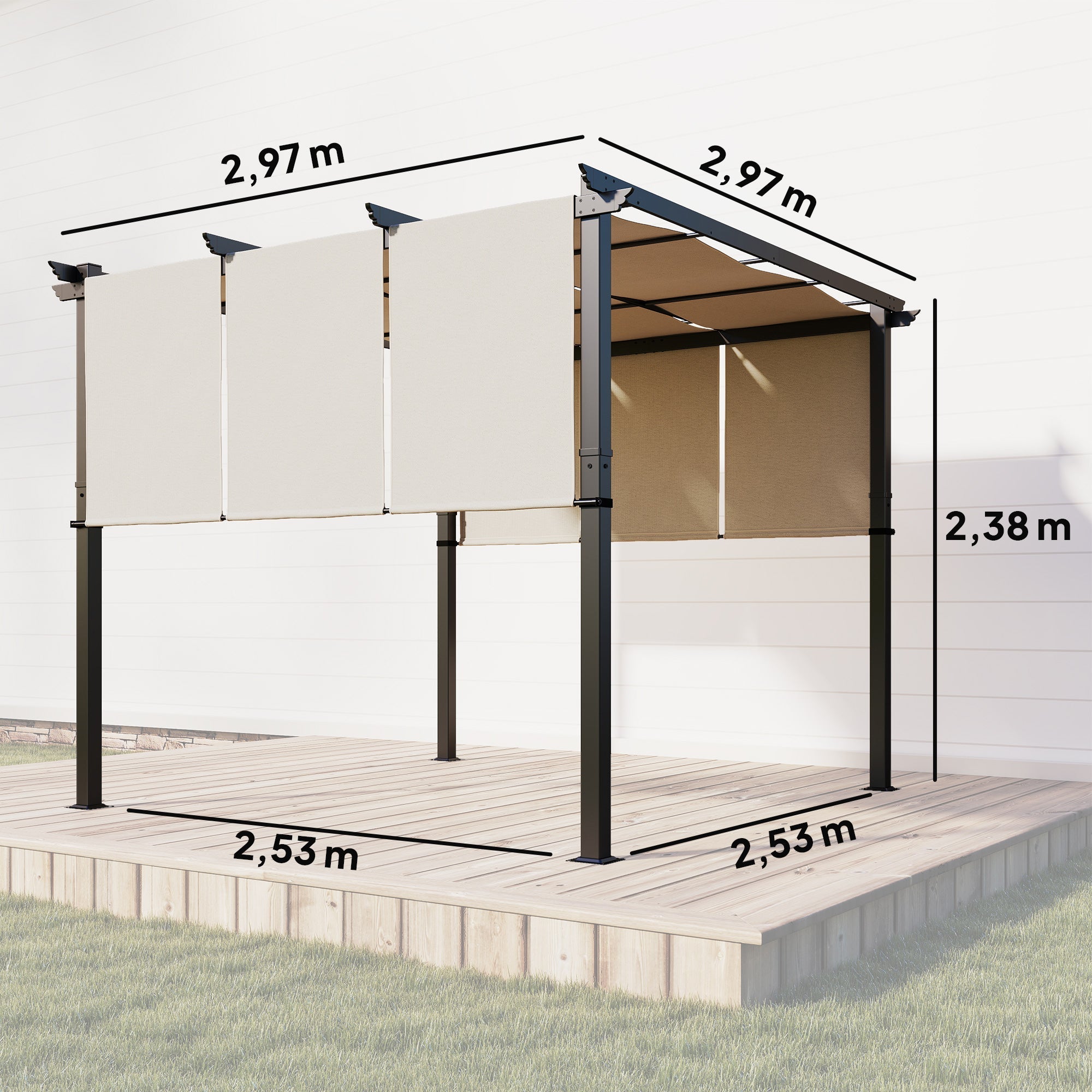 Outsunny Pérgola de Jardín 3x3 m Cenador para Exterior con Techo Retráctil Marco de Acero Impermeable y Anti-UV para Terraza Patio Beige