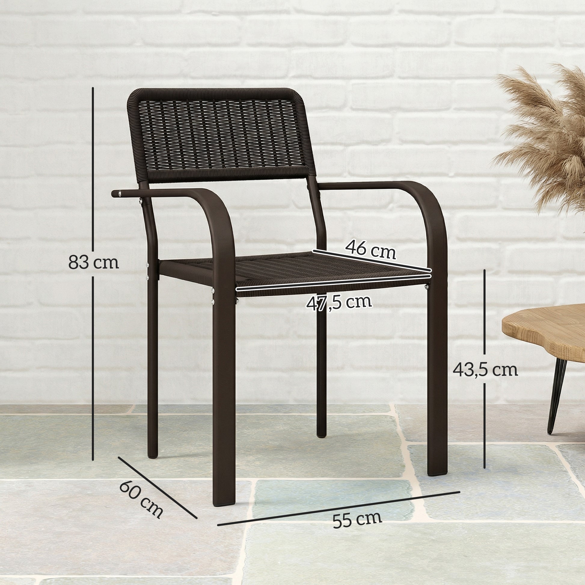 Outsunny Juego de 4 Sillas de Jardín Exterior Apilables, Sillas de Comedor Exterior Efecto Ratán, con Reposabrazos, Marco de Acero, Resistente a la Intemperie y Ligero, 55x60x83 cm, Marrón Oscuro