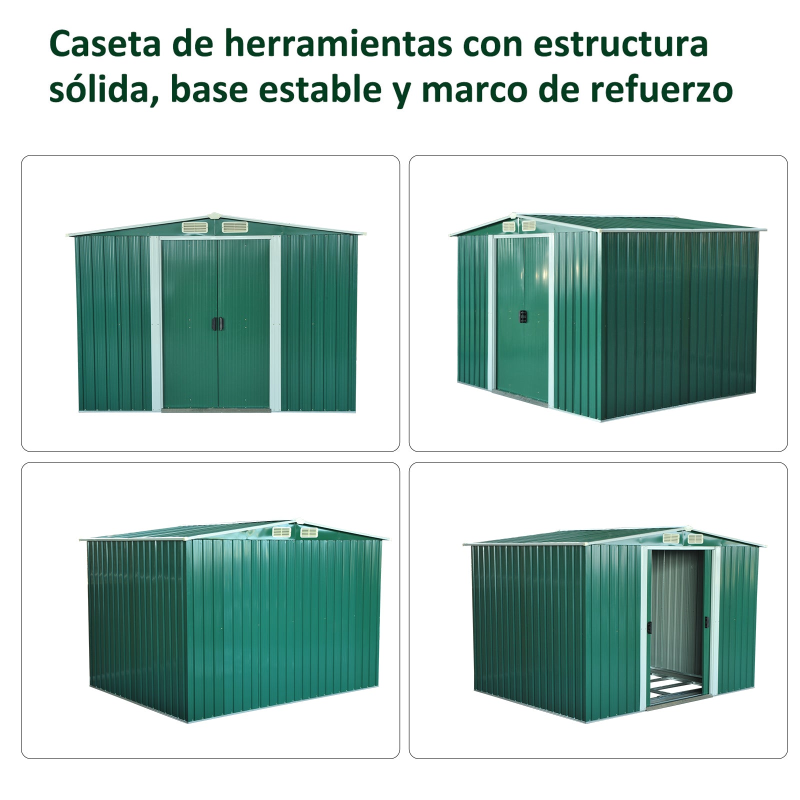 Outsunny Caseta de Jardín Exterior 258x206x178 cm 5,3m² Cobertizo de Jardín Exterior con Base Puertas Correderas y Ventilaciones para Almacenamiento de Herramientas Jardinería Verde