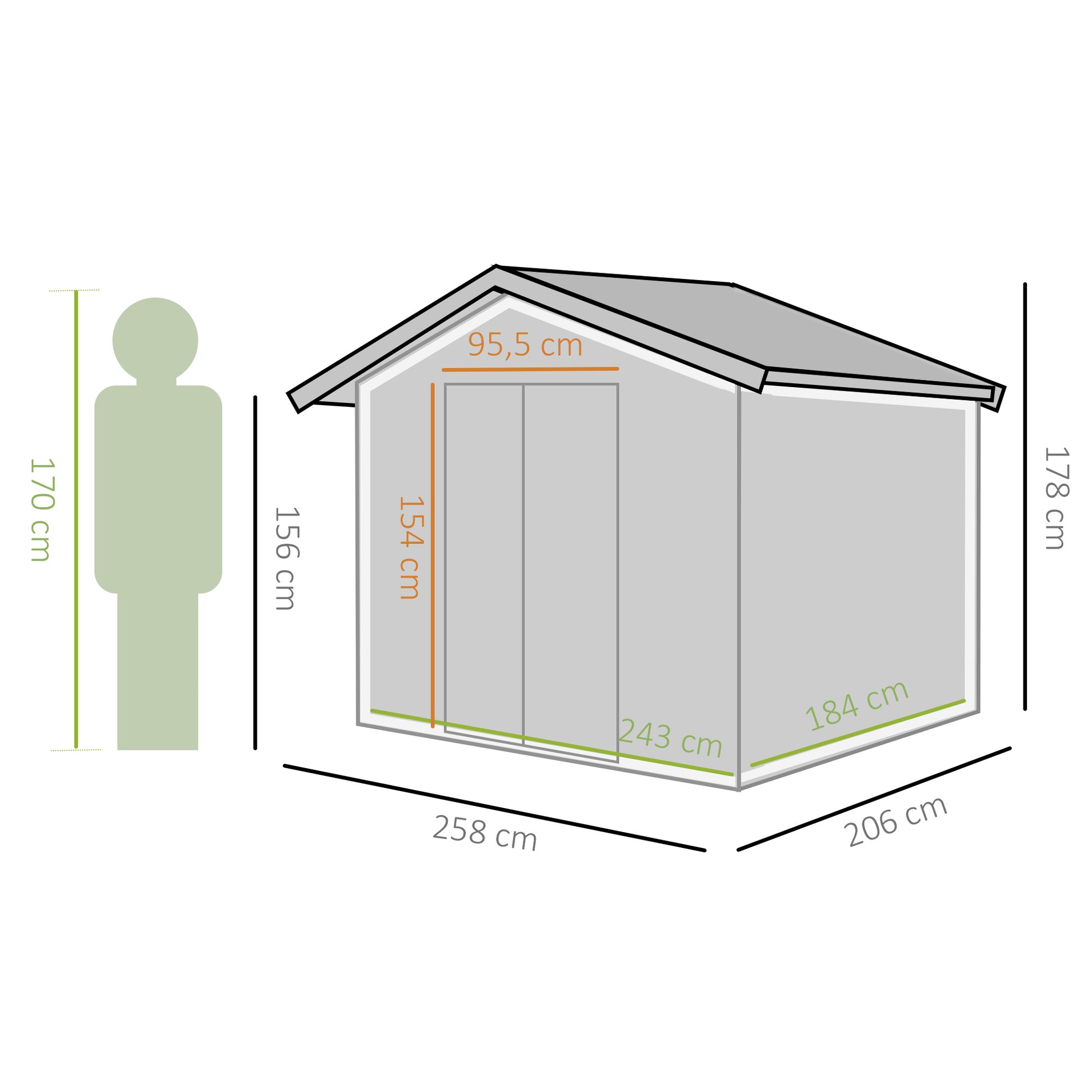 Outsunny Caseta de Jardín Exterior 258x206x178 cm 5,3m² Cobertizo de Jardín Exterior con Base Puertas Correderas y Ventilaciones para Almacenamiento de Herramientas Jardinería Verde