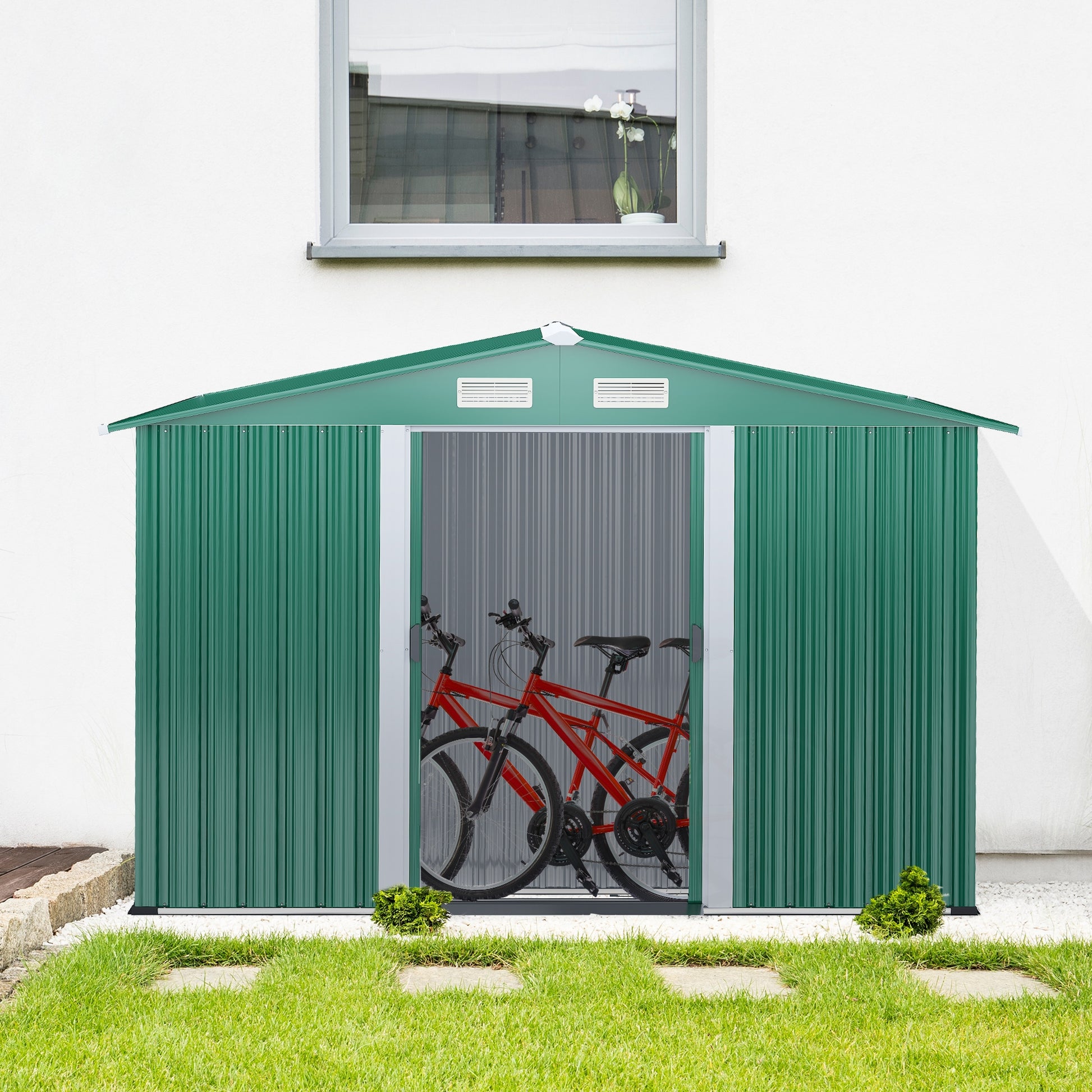 Outsunny Caseta de Jardín Exterior 258x206x178 cm 5,3m² Cobertizo de Jardín Exterior con Base Puertas Correderas y Ventilaciones para Almacenamiento de Herramientas Jardinería Verde