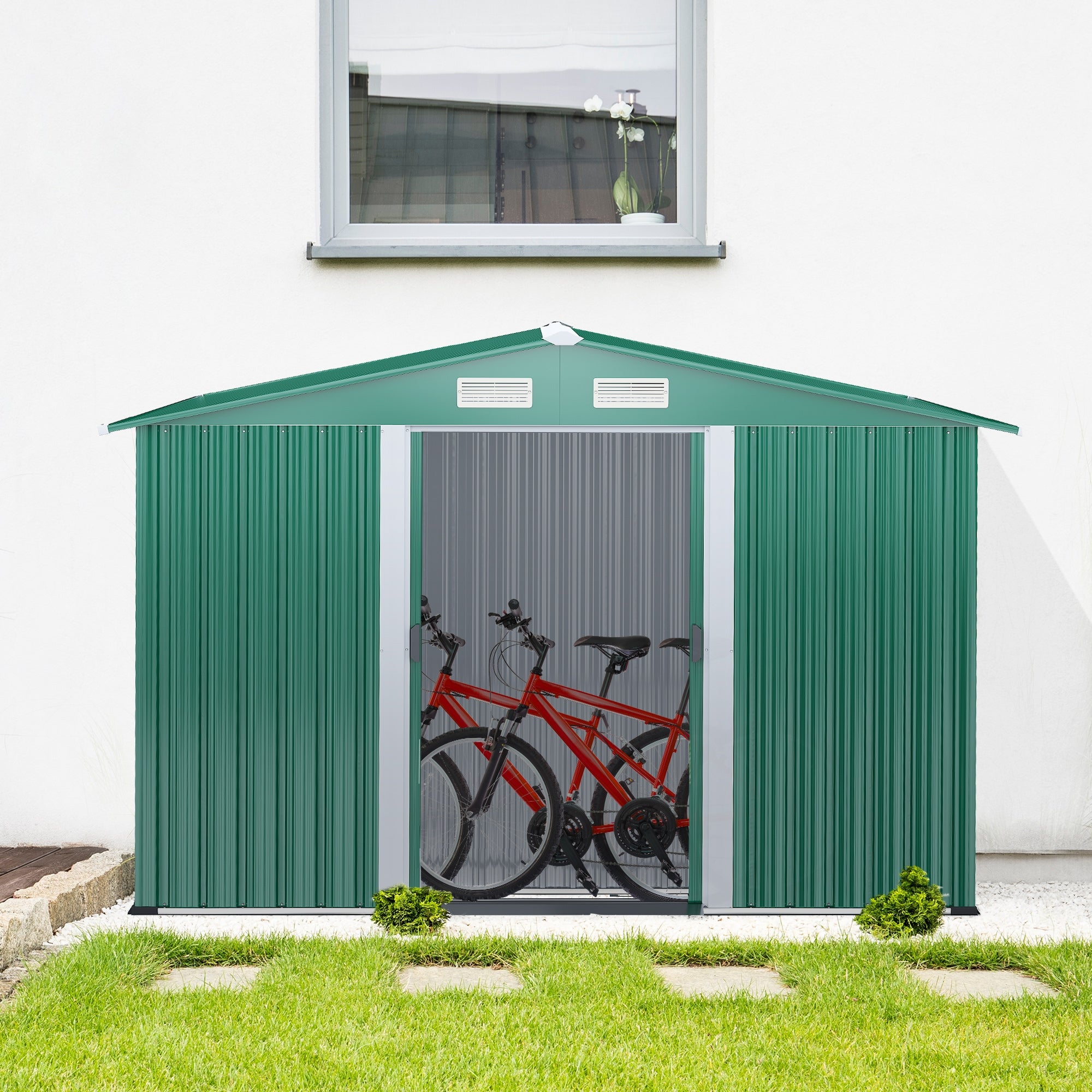 Outsunny Caseta de Jardín Exterior 258x206x178 cm 5,3m² Cobertizo de Jardín Exterior con Base Puertas Correderas y Ventilaciones para Almacenamiento de Herramientas Jardinería Verde