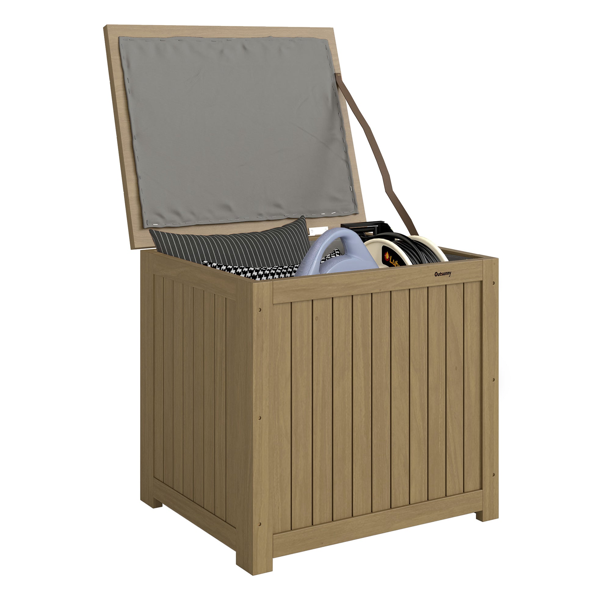 Outsunny Arcón Exterior de Madera, 130L, Baúl Almacenaje Exterior con Forro, Tapa con Bisagras y Correa, Impermeable, Resistente a la Intemperie, para Jardín, Terraza, Patio, 63x51x58,5 cm, Marrón
