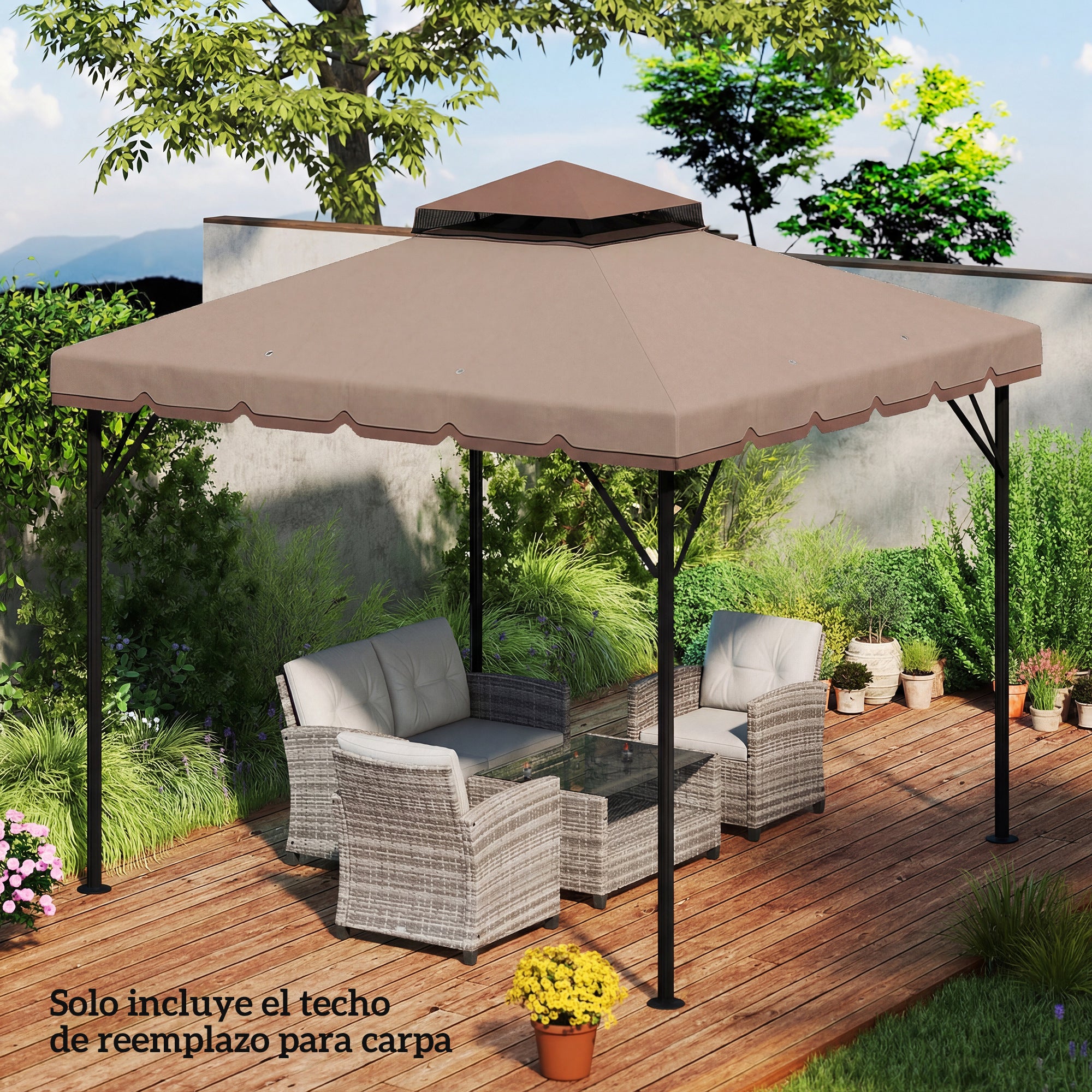 Outsunny Techo de Repuesto para Cenador, 3x3 m, Cubierta de Repuesto con Techo Doble, 8 Orificios de Drenaje y Protección UPF 30+, SOLO Toldo de Recambio para Pabellón Gazebo, Caqui