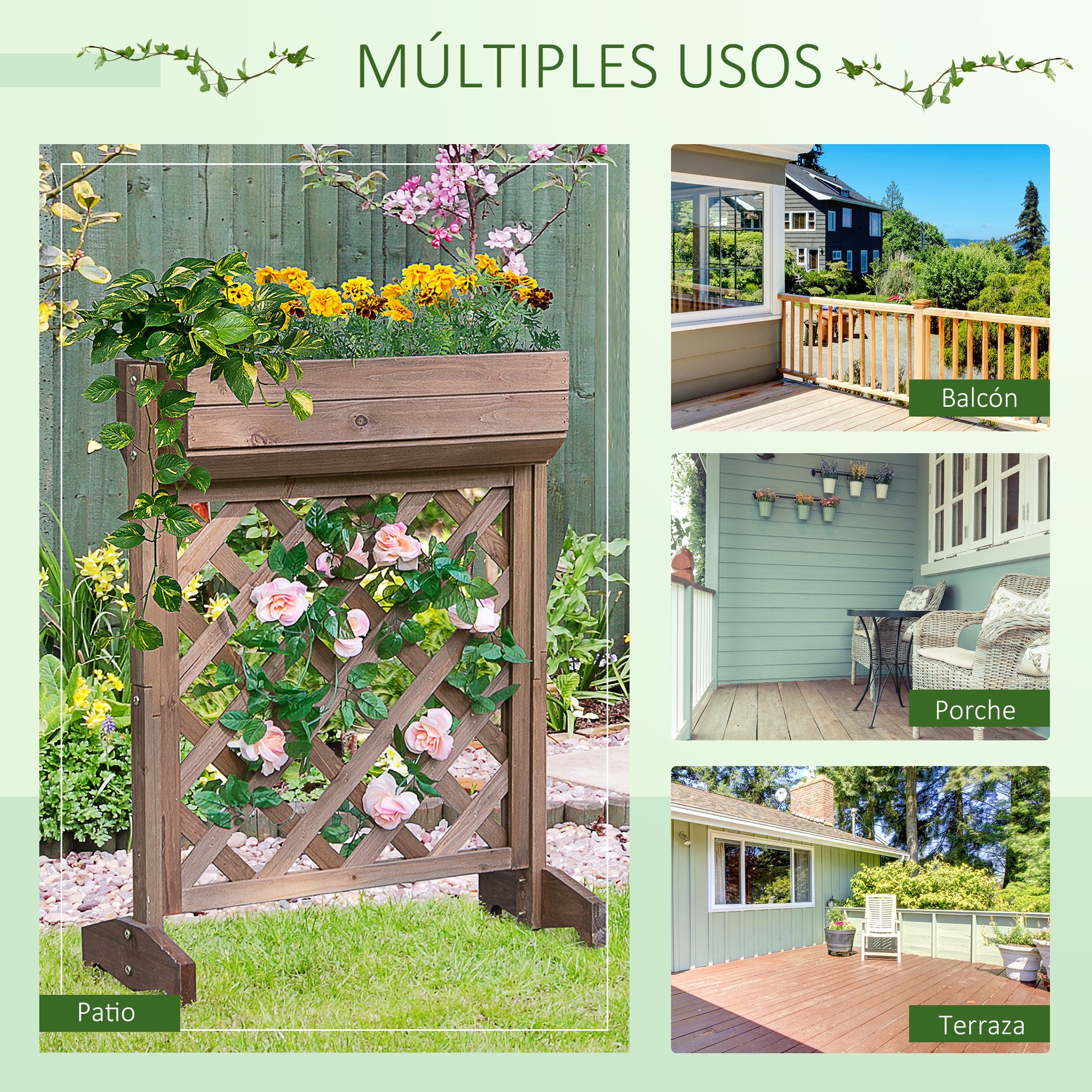 Outsunny Jardinera con Enrejado de Madera Maciza Soporte para Flores Plantas Trepaderas Balcón Patio Jardín al Aire Libre 68x30x85,5 cm Marrón
