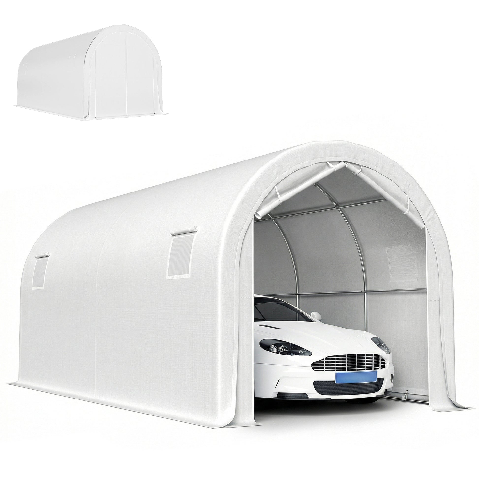 Outsunny Carpa Garaje Portátil 3x6 m, Garaje Exterior para Coche Impermeable con Puerta Enrollable con Cremalleras y 4 Ventanas, Marco Metal Galvanizado, UPF 30+, Cobertizo de Almacenamiento, Blanco