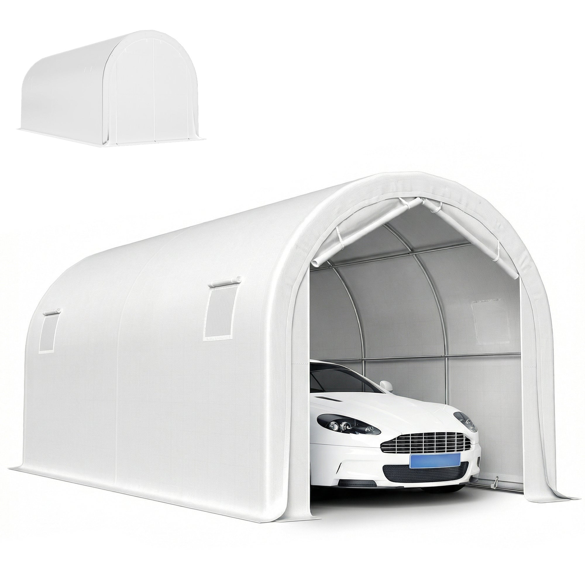 Outsunny Carpa Garaje Portátil 3x6 m, Garaje Exterior para Coche Impermeable con Puerta Enrollable con Cremalleras y 4 Ventanas, Marco Metal Galvanizado, UPF 30+, Cobertizo de Almacenamiento, Blanco