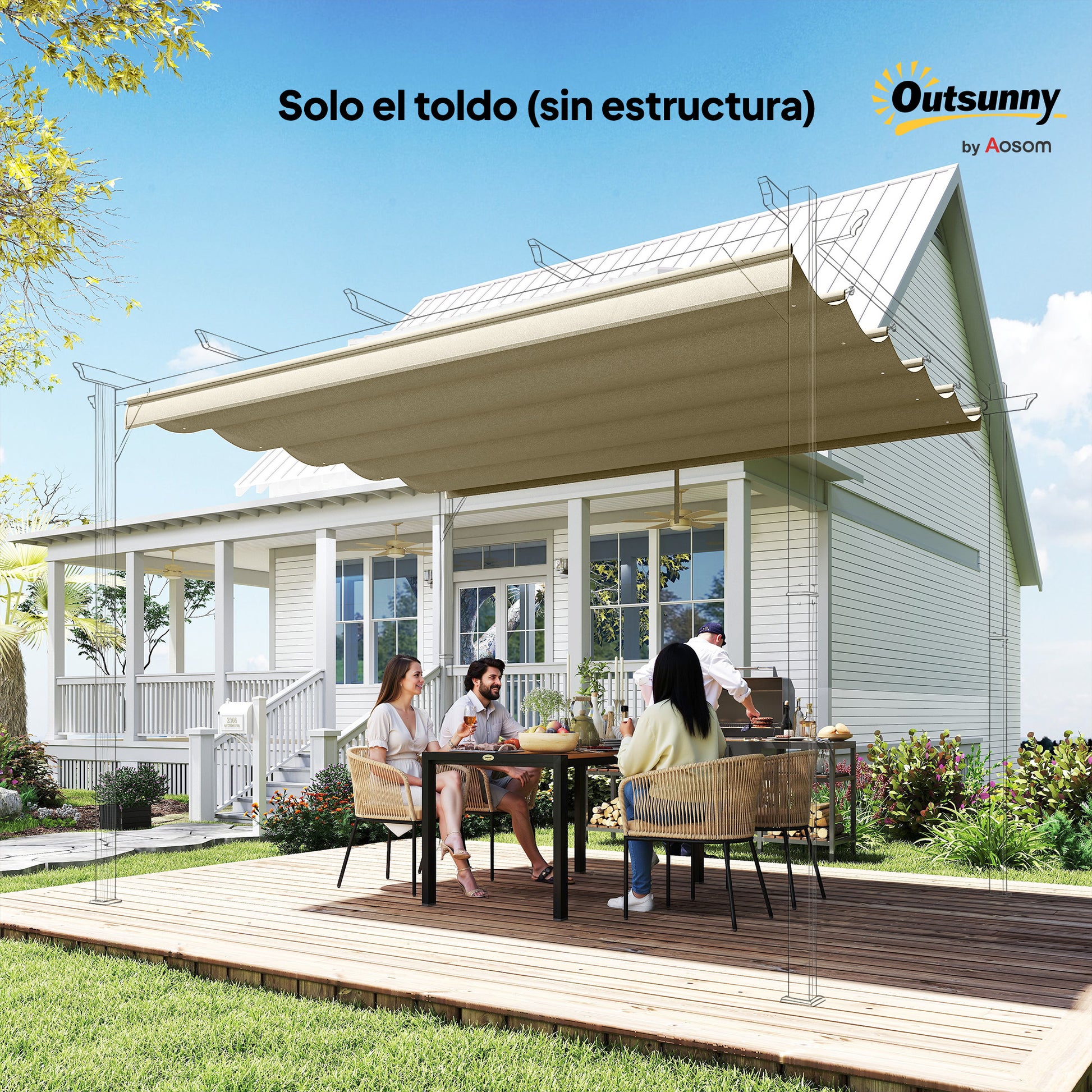Outsunny Techo de Pérgola 3,5x2,6 m, Techo de Repuesto Retráctil para Marco de Pérgola de 4x3 m, UV30+, Toldo de Tela Solo para Cenador Jardín con 10 Orificios de Drenaje, Beige