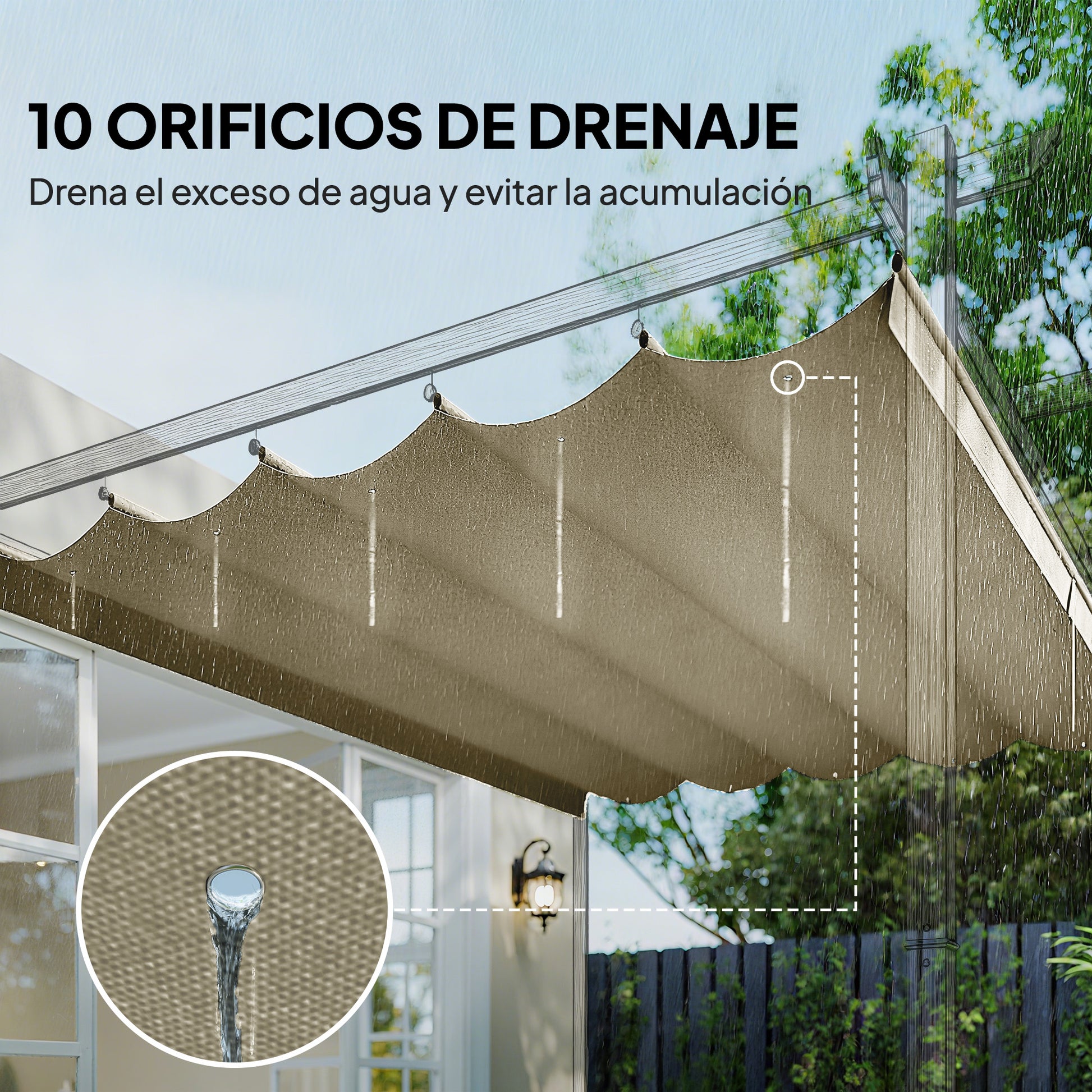 Outsunny Techo de Pérgola 3,5x2,6 m, Techo de Repuesto Retráctil para Marco de Pérgola de 4x3 m, UV30+, Toldo de Tela Solo para Cenador Jardín con 10 Orificios de Drenaje, Beige