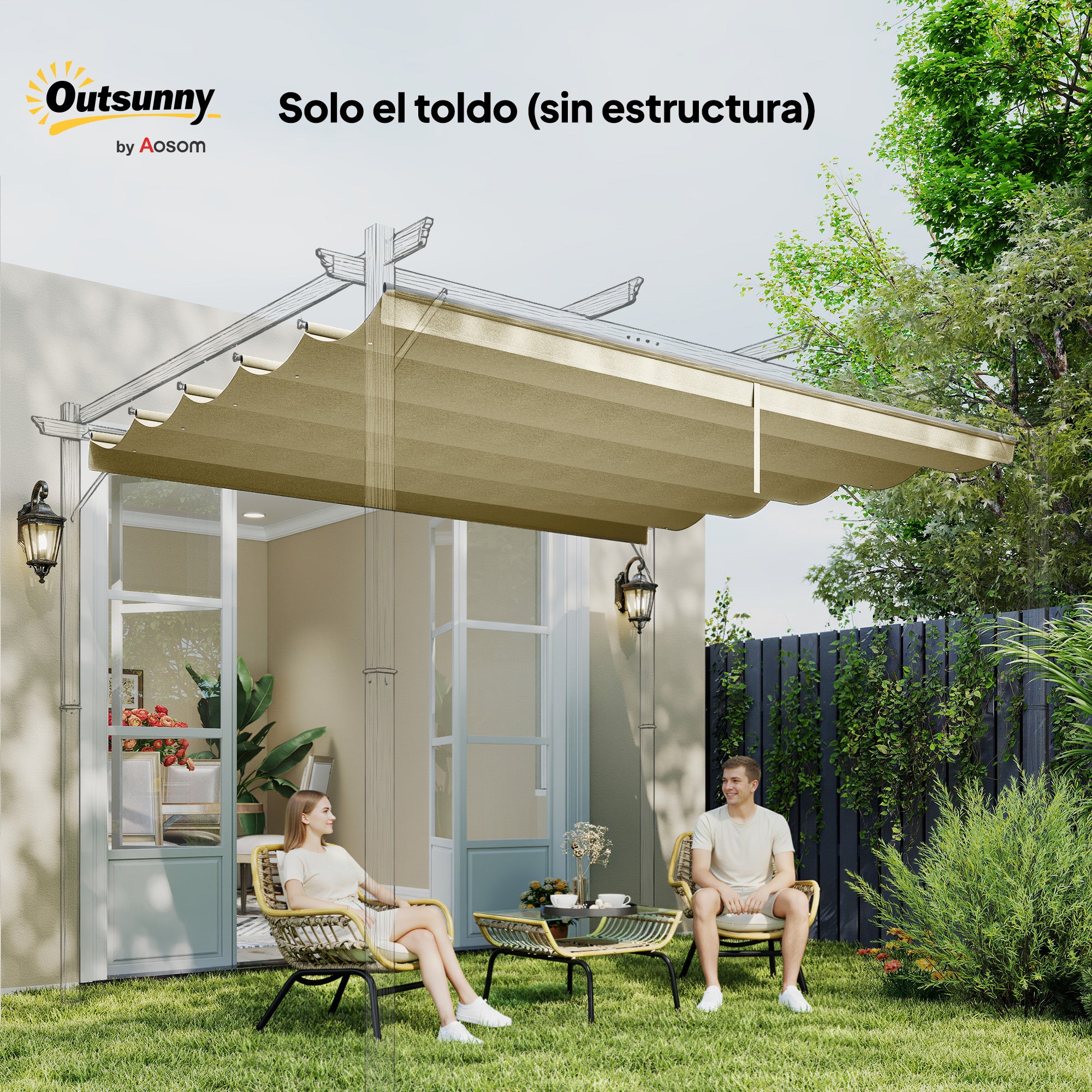 Outsunny Techo de Pérgola 3,5x2,6 m, Techo de Repuesto Retráctil para Marco de Pérgola de 4x3 m, UV30+, Toldo de Tela Solo para Cenador Jardín con 10 Orificios de Drenaje, Beige