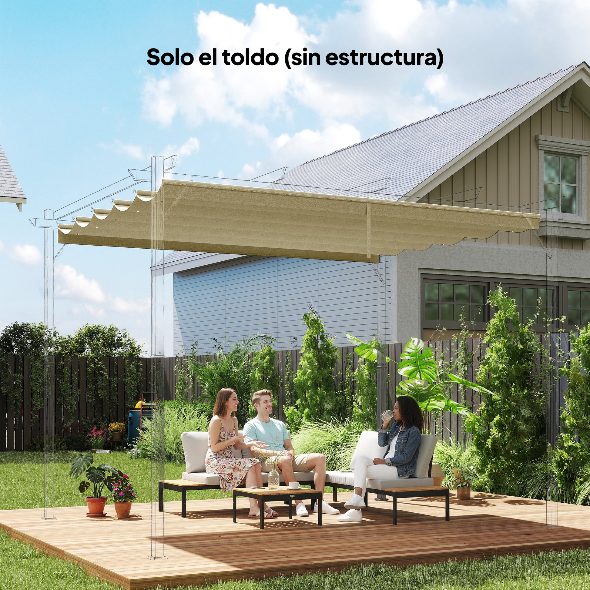 Outsunny Techo de Pérgola 3,5x2,6 m, Techo de Repuesto Retráctil para Marco de Pérgola de 4x3 m, UV30+, Toldo de Tela Solo para Cenador Jardín con 10 Orificios de Drenaje, Beige