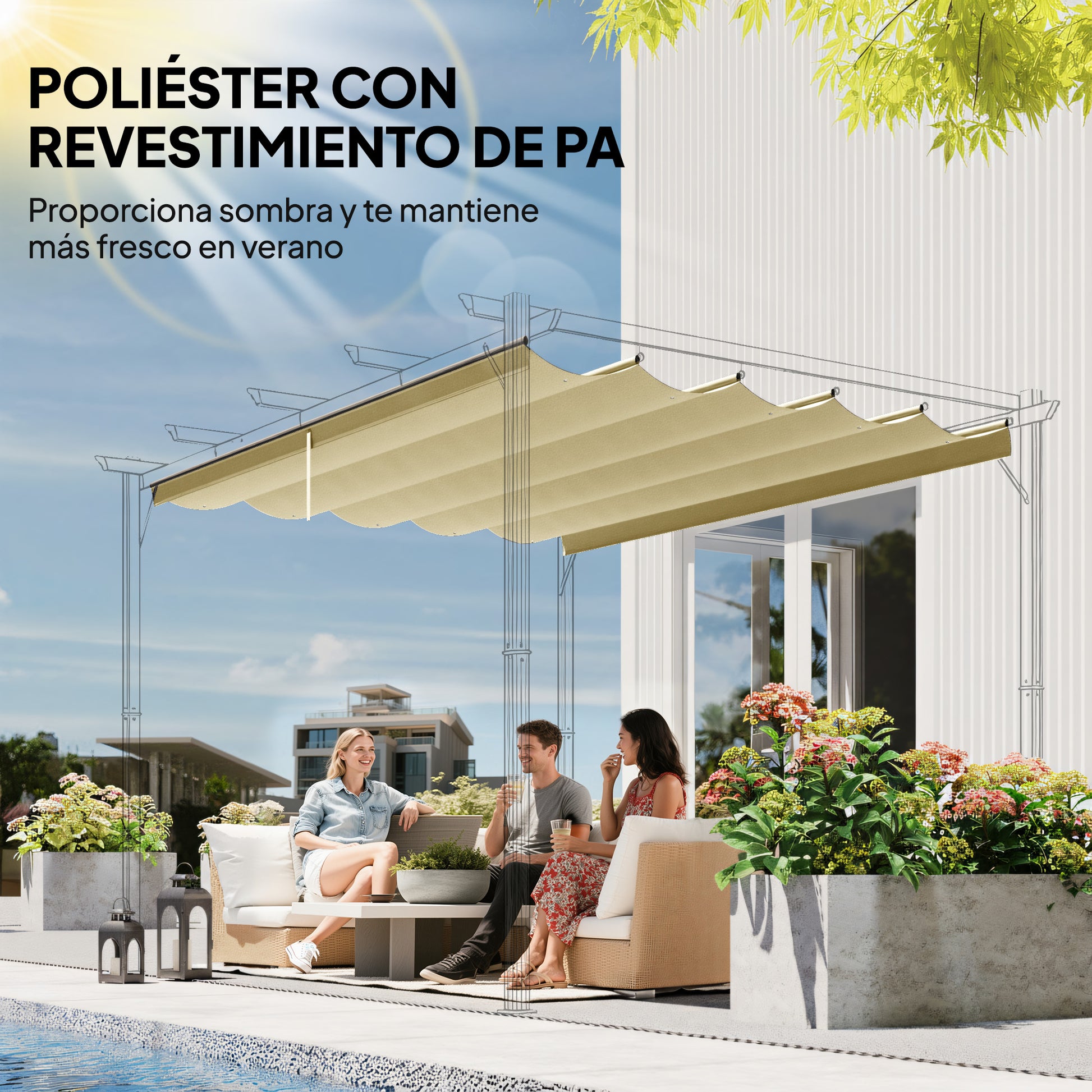 Outsunny Techo de Pérgola 3,5x2,6 m, Techo de Repuesto Retráctil para Marco de Pérgola de 4x3 m, UV30+, Toldo de Tela Solo para Cenador Jardín con 10 Orificios de Drenaje, Beige