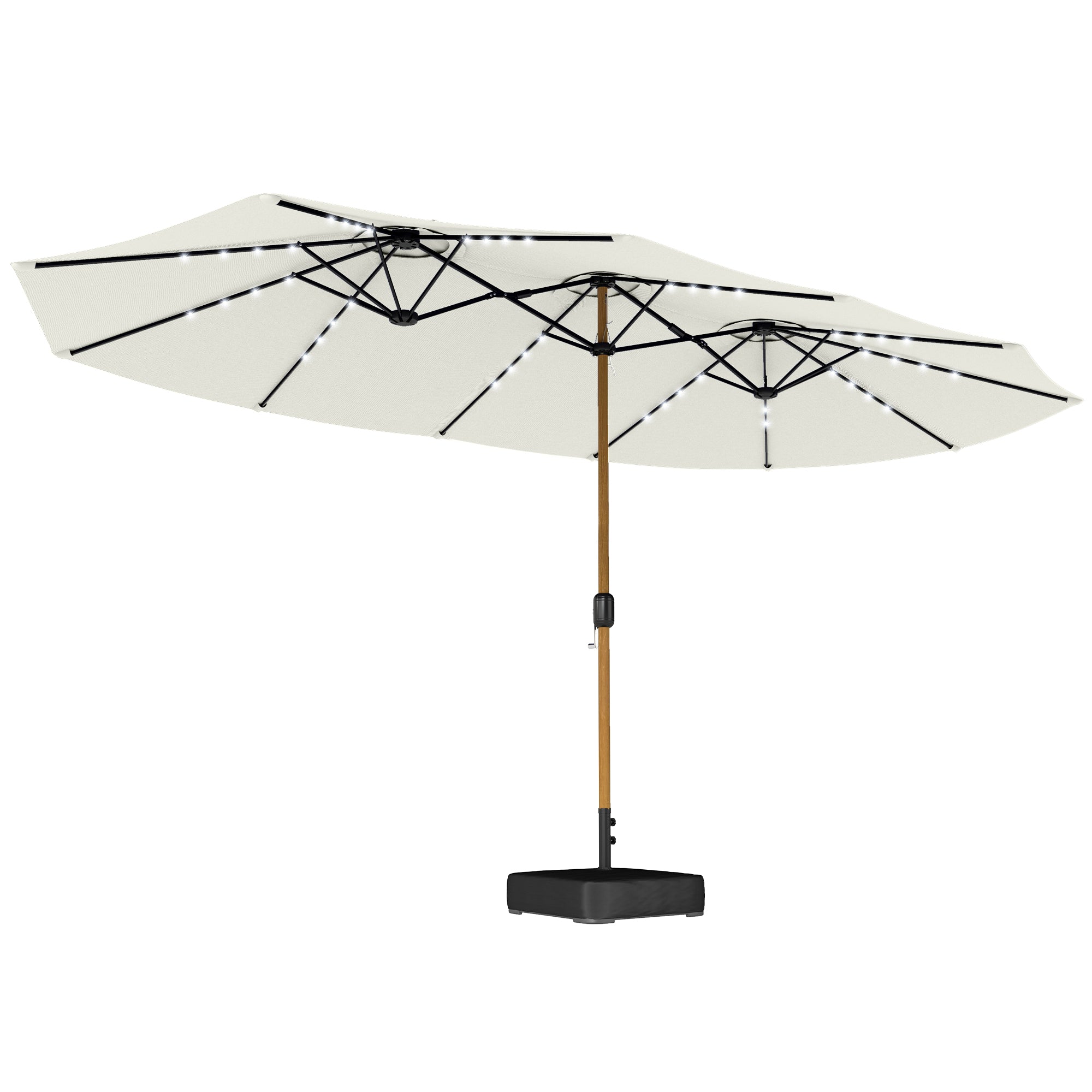 Outsunny Sombrilla Doble con 48 Luces LED, 4,6x2,6 m, Sombrilla Terraza Exterior con Base Incluida, Manivela, Sacos Arena, Funda, Anti-UV, Resistente al Agua, Parasol para Jardín, Terraza, Crema