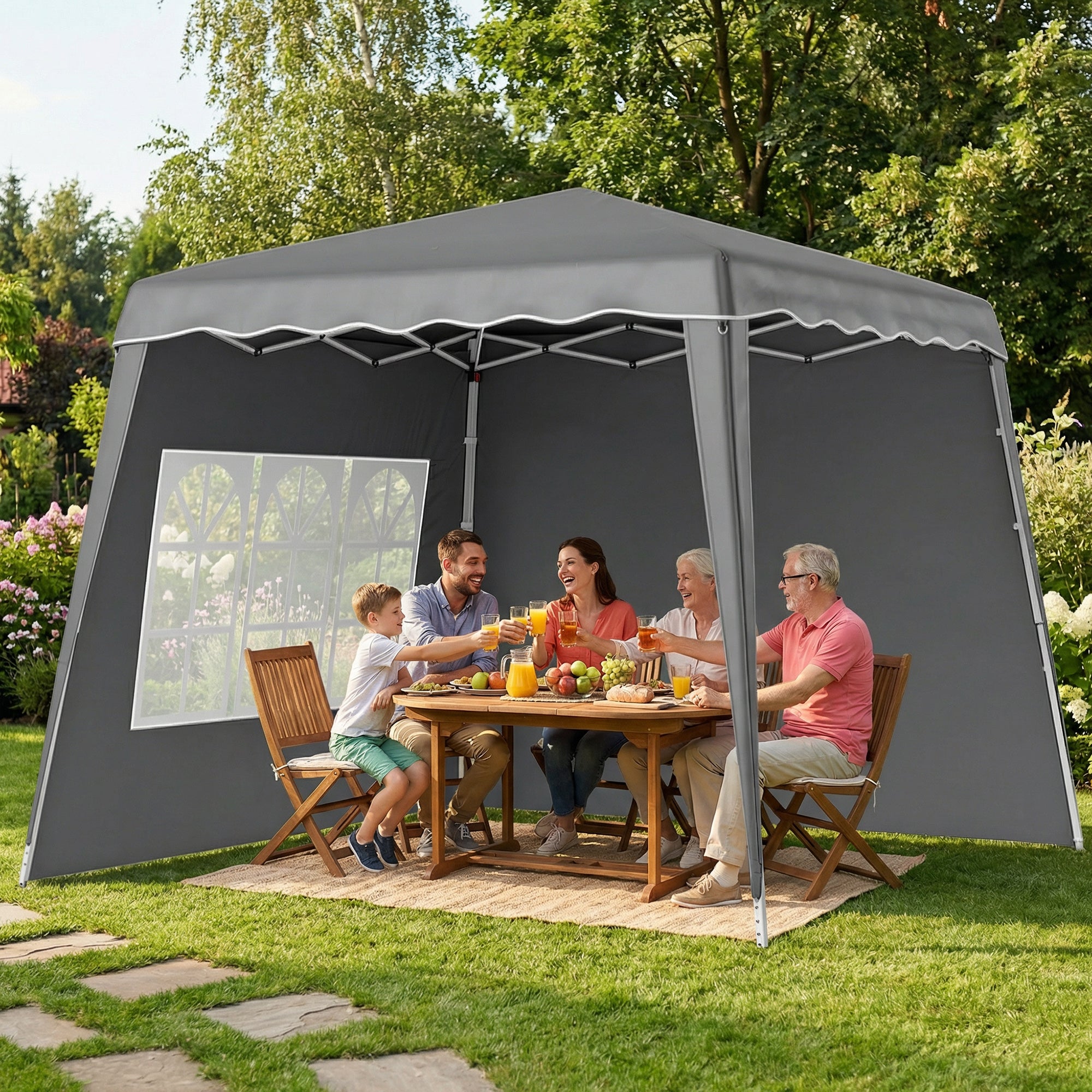 Outsunny Carpa Plegable Pop-up 3x3 m Cenador Pabellón de Jardín con 2 Paredes Laterales Altura Ajustable y Bolsa de Transporte Protección UV50+ Impermeable Gazebo para Camping Fiestas Exterior Gris