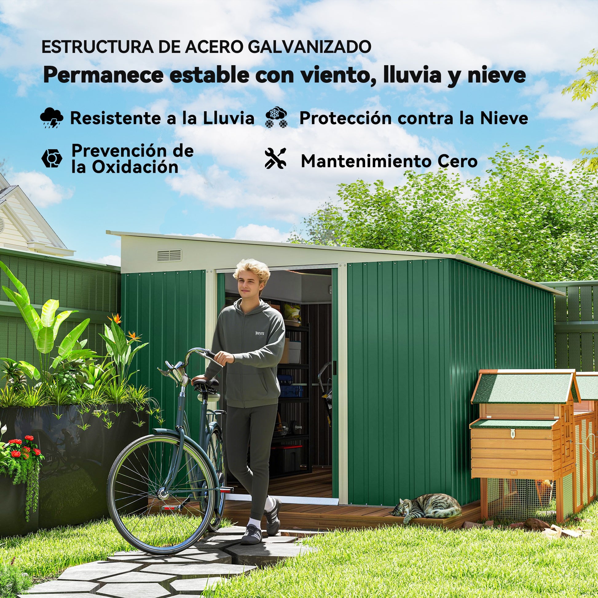 Outsunny Cobertizo de Jardín Exterior 8,9 m² 280x345x201 cm Caseta de Jardín Exterior Metálica con 2 Puertas Corredizas y 2 Ventanas para Almacenamiento de Herramientas Verde