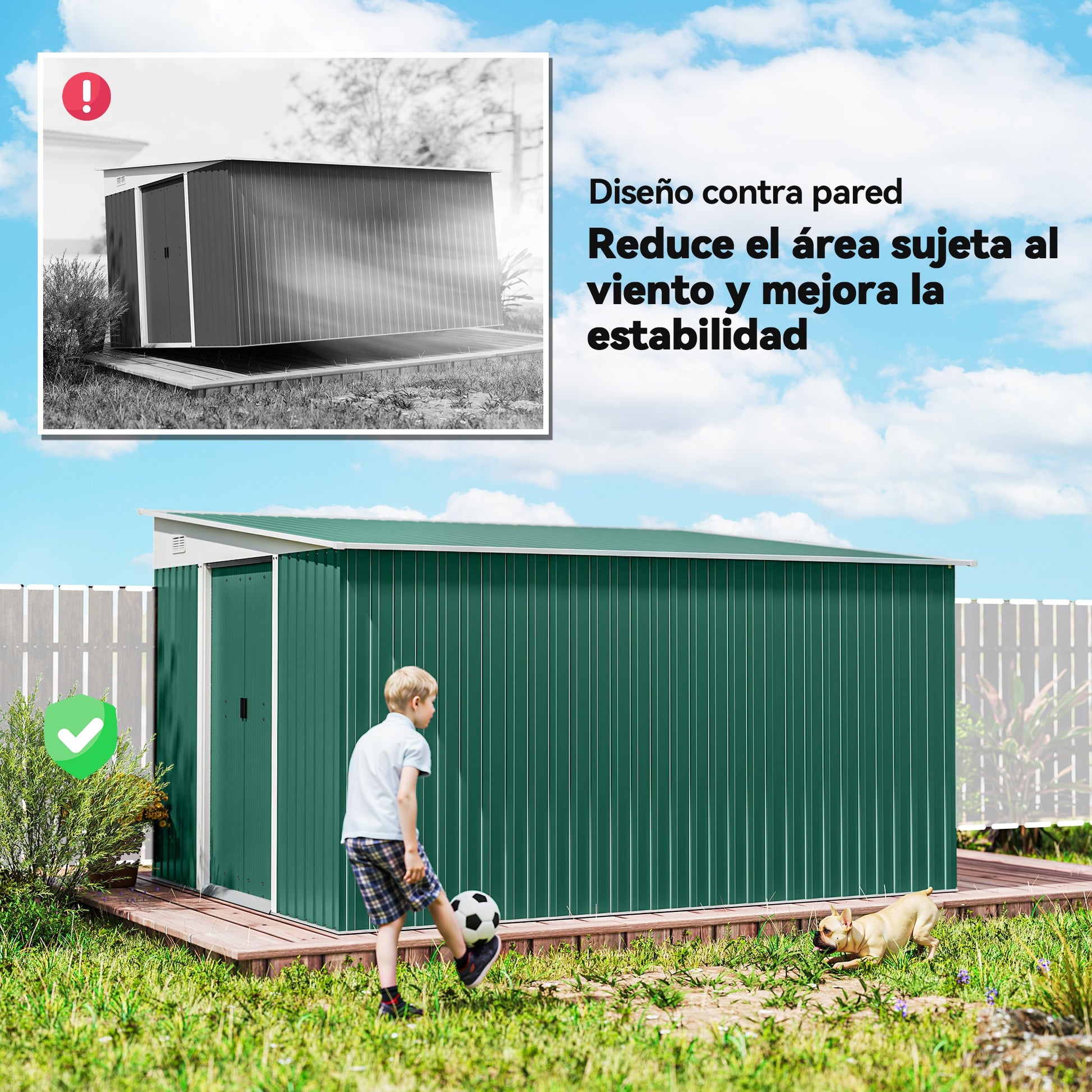 Outsunny Cobertizo de Jardín Exterior 8,9 m² 280x345x201 cm Caseta de Jardín Exterior Metálica con 2 Puertas Corredizas y 2 Ventanas para Almacenamiento de Herramientas Verde