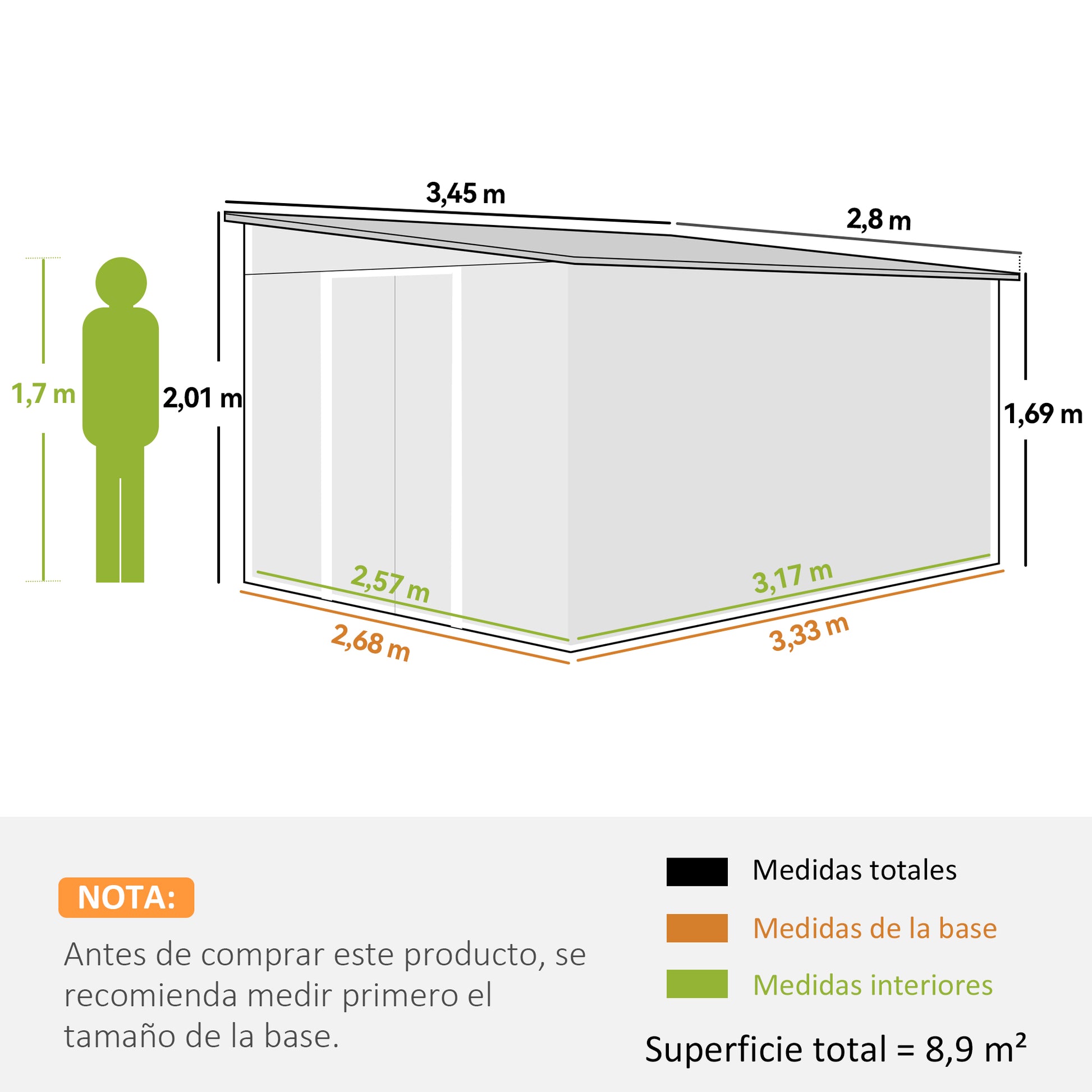 Outsunny Cobertizo de Jardín Exterior 8,9 m² 280x345x201 cm Caseta de Jardín Exterior Metálica con 2 Puertas Corredizas y 2 Ventanas para Almacenamiento de Herramientas Verde